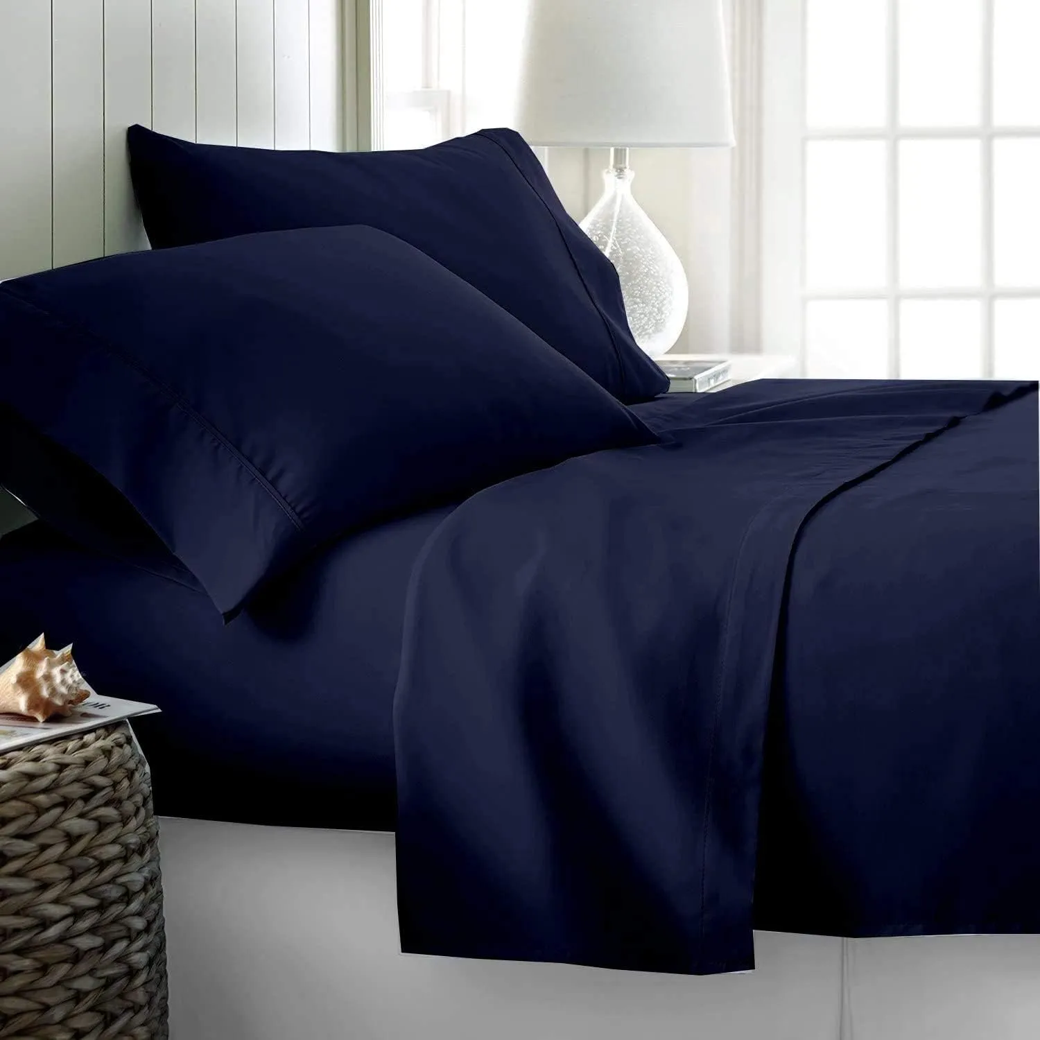 100% Egyptian Cotton, 6 - Piece Sheet Set, Pure Sateen Weave & 400 Thread Count Hotel-Collection Bedding Sheets with Fitted Sheet 15-16 Inches Deep Pocket-Navy Blue Solid,Full-XXL Size.