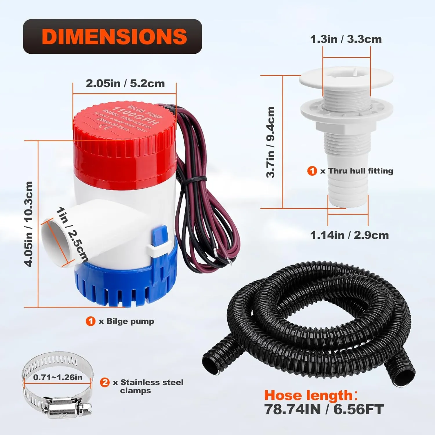 1100 GPH Boat Bilge Water Pump 12V, 1-1/8 Inch Dia Bilge Pump Plumbing Kit with 6FT Hose, 2 Clamps, Thru-Hull Fitting, Ideal for Fishing Boats, Cruisers, Runabouts, Yachts