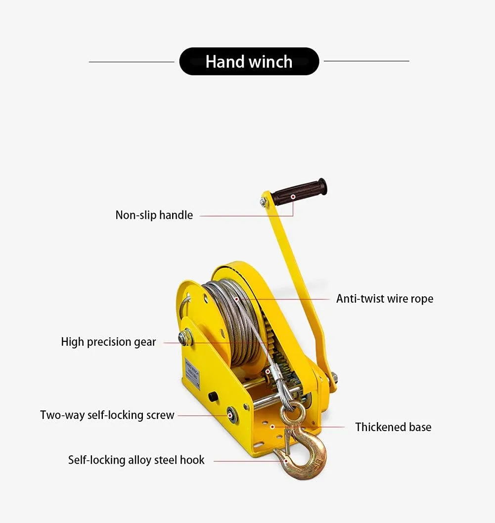1200lbs Hand Winch, Corrosion Resistant Boat Trailer Winch with Cable and 8m Steel Wire, Hand Crank Winch with Brake for Trailer Boat or ATV, Anti-Rotation Solid Wire Rope (1200lbs 30m)