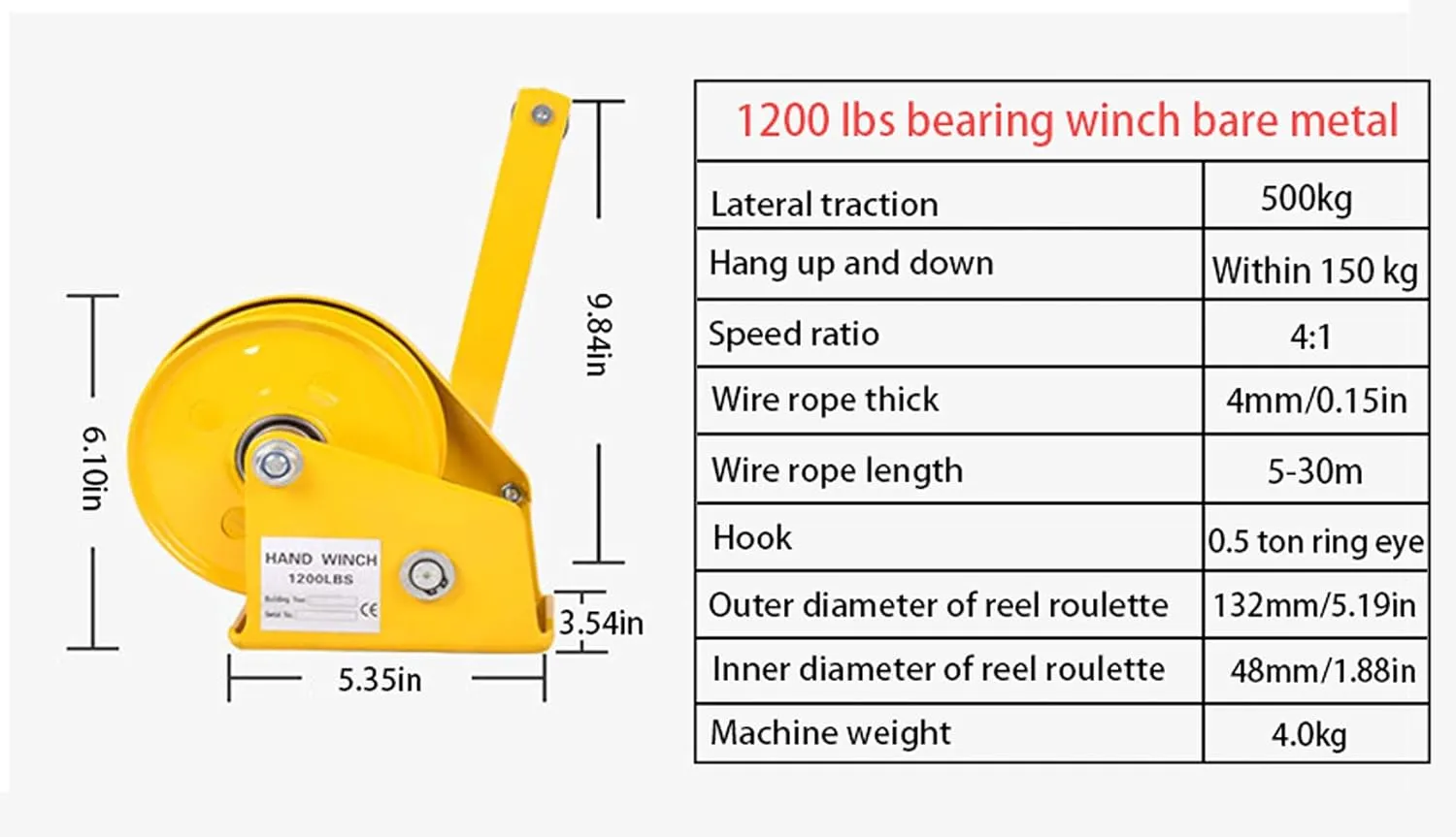 1200lbs Hand Winch, Corrosion Resistant Boat Trailer Winch with Cable and 8m Steel Wire, Hand Crank Winch with Brake for Trailer Boat or ATV, Anti-Rotation Solid Wire Rope (1200lbs 30m)