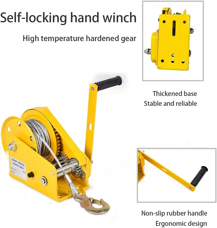 1200lbs Hand Winch, Corrosion Resistant Boat Trailer Winch with Cable and 8m Steel Wire, Hand Crank Winch with Brake for Trailer Boat or ATV, Anti-Rotation Solid Wire Rope (1200lbs 30m)