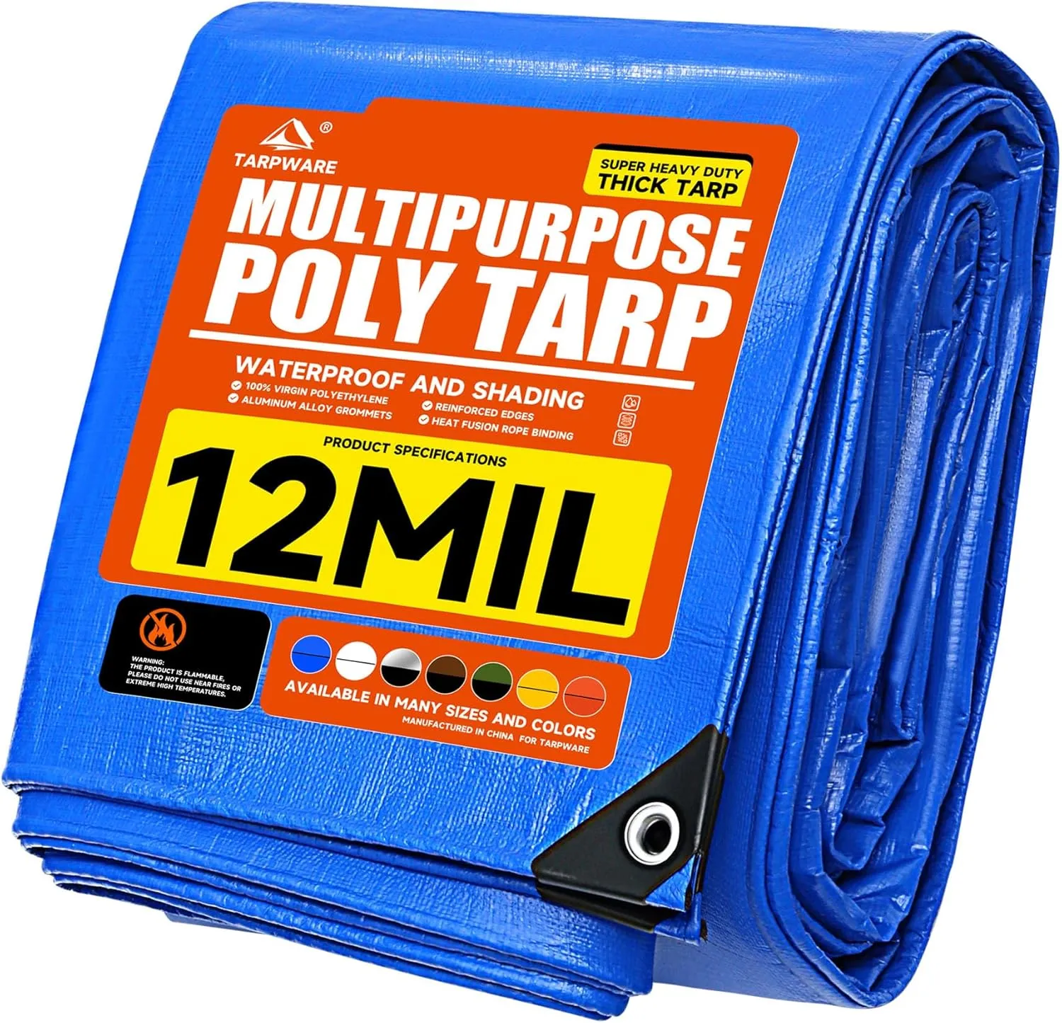 12Mil 8'x10' Blue Tarp Heavy Duty Waterproof Durable Poly Tarpaulin, with Grommets&Reinforced Edges UV Resistant Tarps, Cover for Vehicle/Pool/Boat/Tent/Construction site