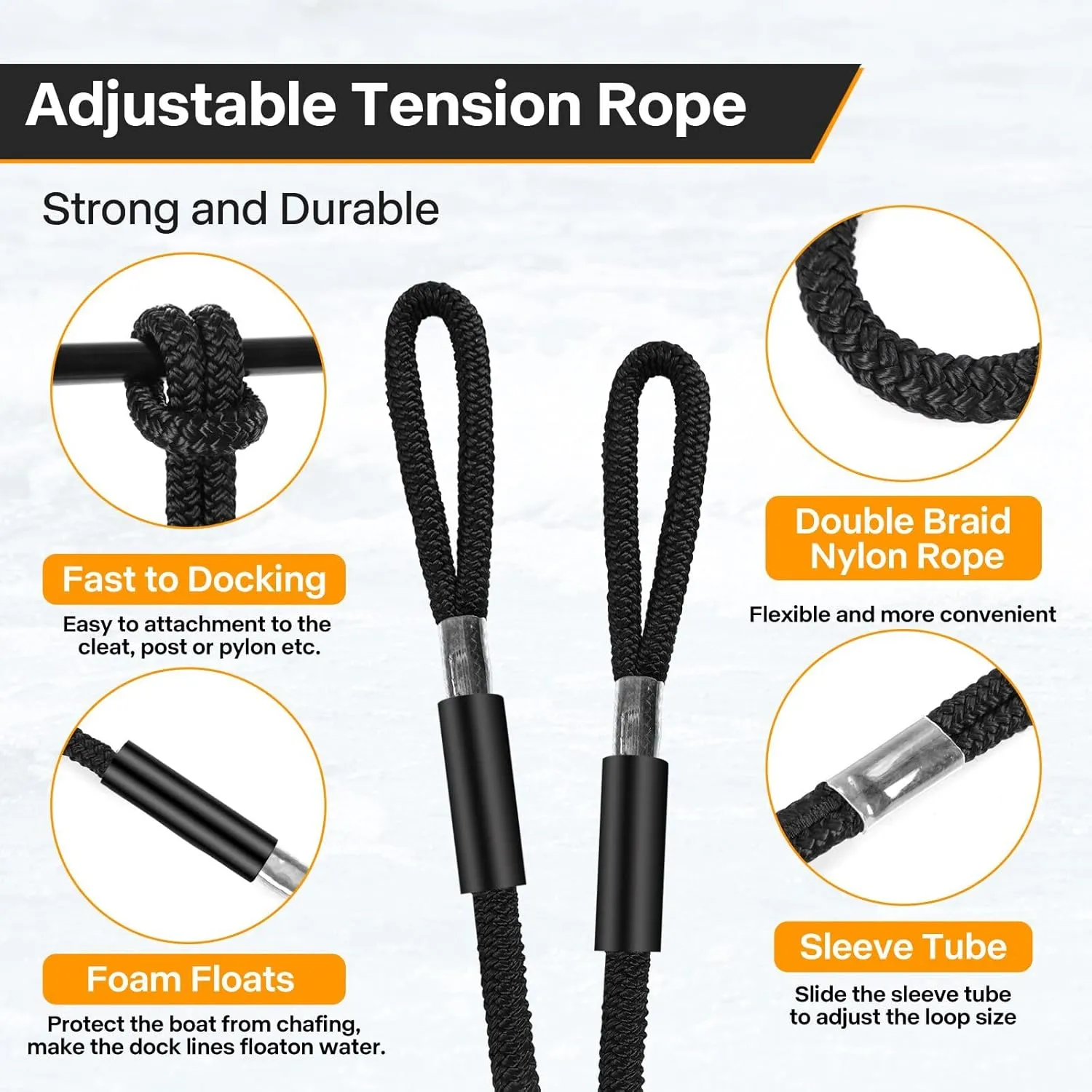 1/2" X 6ft Boat Dock Lines, Double-Braided Nylon Dock Line with 12" Eyelet. Boat Ropes Mooring Ropes, Boat Accessories for Yacht, Pontoon, Jet Ski, Waverunner, Seadoo, Black