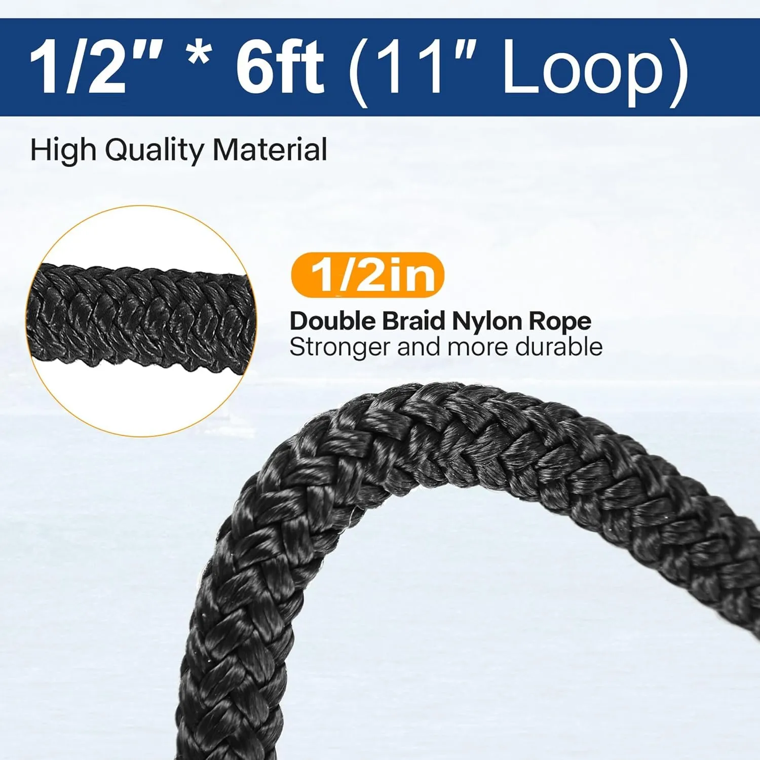 1/2" X 6ft Boat Dock Lines, Double-Braided Nylon Dock Line with 12" Eyelet. Boat Ropes Mooring Ropes, Boat Accessories for Yacht, Pontoon, Jet Ski, Waverunner, Seadoo, Black