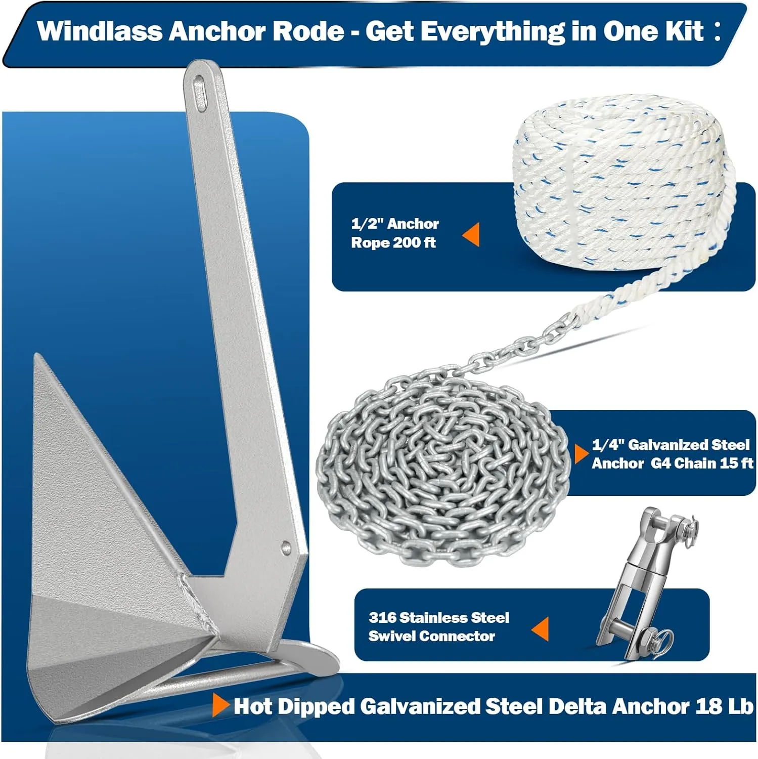 18 Lb Boat Anchor Kit Hot Dipped Galvanized Steel Delta Anchor,HT G4 Marine Chain 15ft,1/2 Rope 200ft & Swivel Connector for Boat Mooring,Windlass Anchor Rode-Rope/Chain for Boat Anchor System