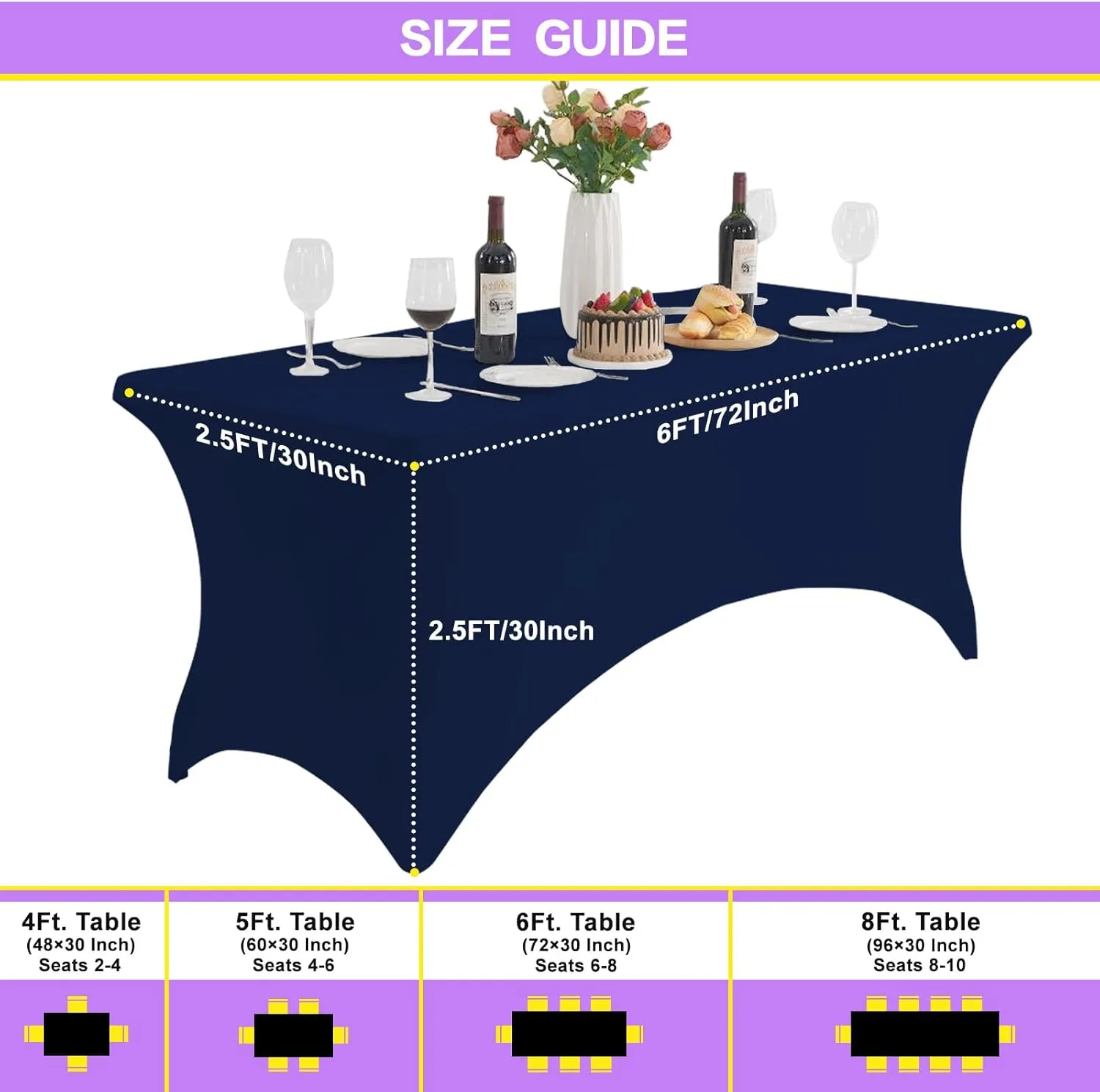 2 Pack 6FT Blue Table Cloth for Rectangle Table Stretch Tablecloth Rectangular Fitted Spandex Table Covers 6 ft for Birthday, Cocktail, Wedding, Banquet Outdoor Party