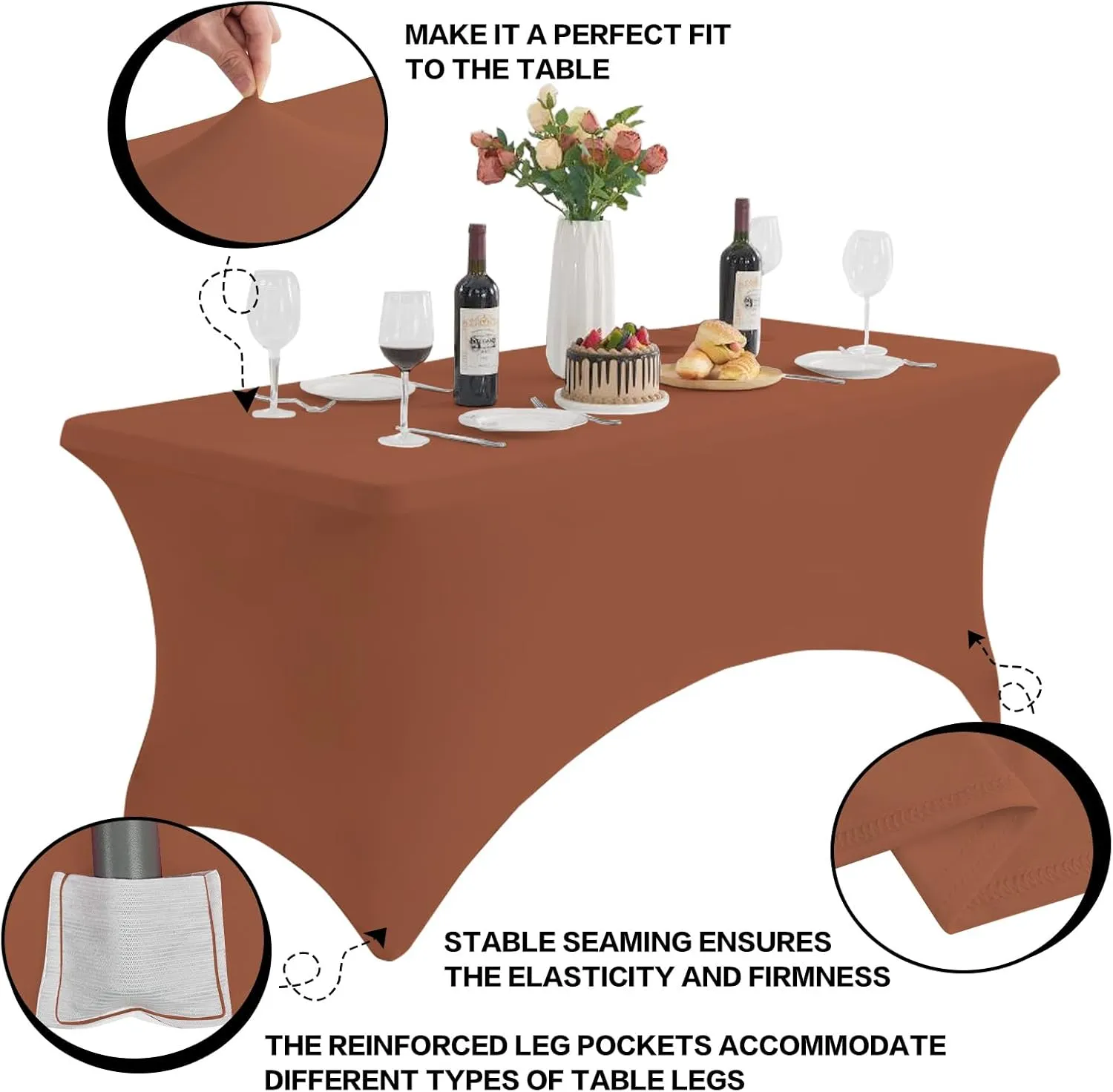 2 Pack 6FT Brown Table Cloth for Rectangle Tables Stretch Tablecloth Rectangular Fitted Spandex Table Covers 6 ft for Birthday, Cocktail, Wedding, Banquet Outdoor Party