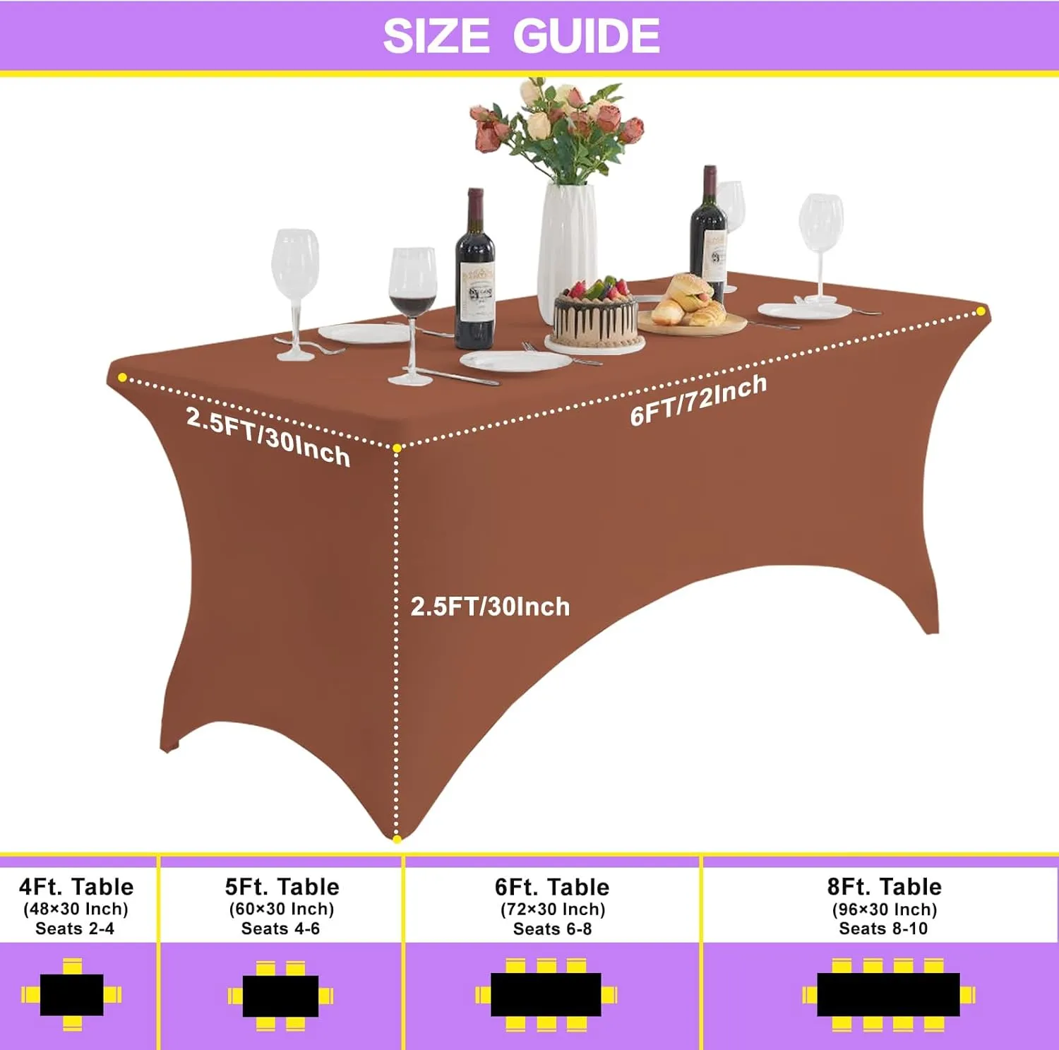 2 Pack 6FT Brown Table Cloth for Rectangle Tables Stretch Tablecloth Rectangular Fitted Spandex Table Covers 6 ft for Birthday, Cocktail, Wedding, Banquet Outdoor Party