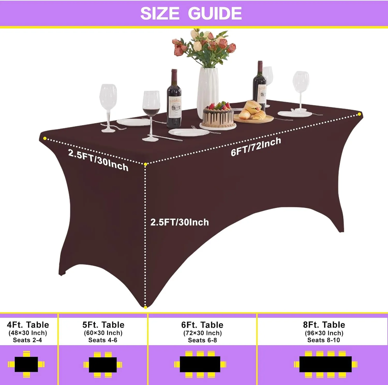 2 Pack 6FT Coffee Brown Table Cloth for Rectangle Tables Stretch Tablecloth Rectangular Fitted Spandex Table Covers 6 ft for Birthday, Cocktail, Wedding, Banquet Outdoor Party