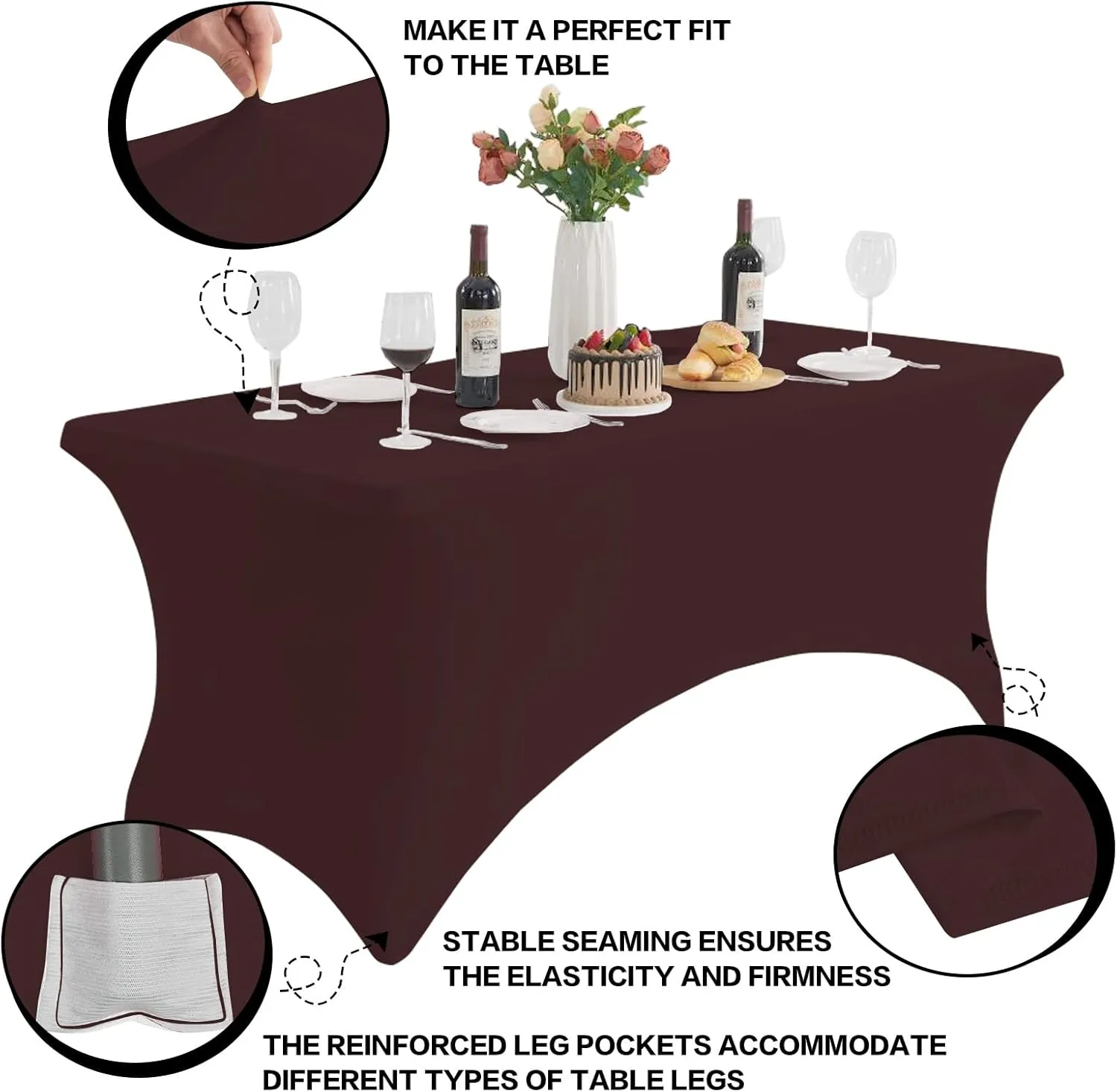 2 Pack 6FT Coffee Brown Table Cloth for Rectangle Tables Stretch Tablecloth Rectangular Fitted Spandex Table Covers 6 ft for Birthday, Cocktail, Wedding, Banquet Outdoor Party