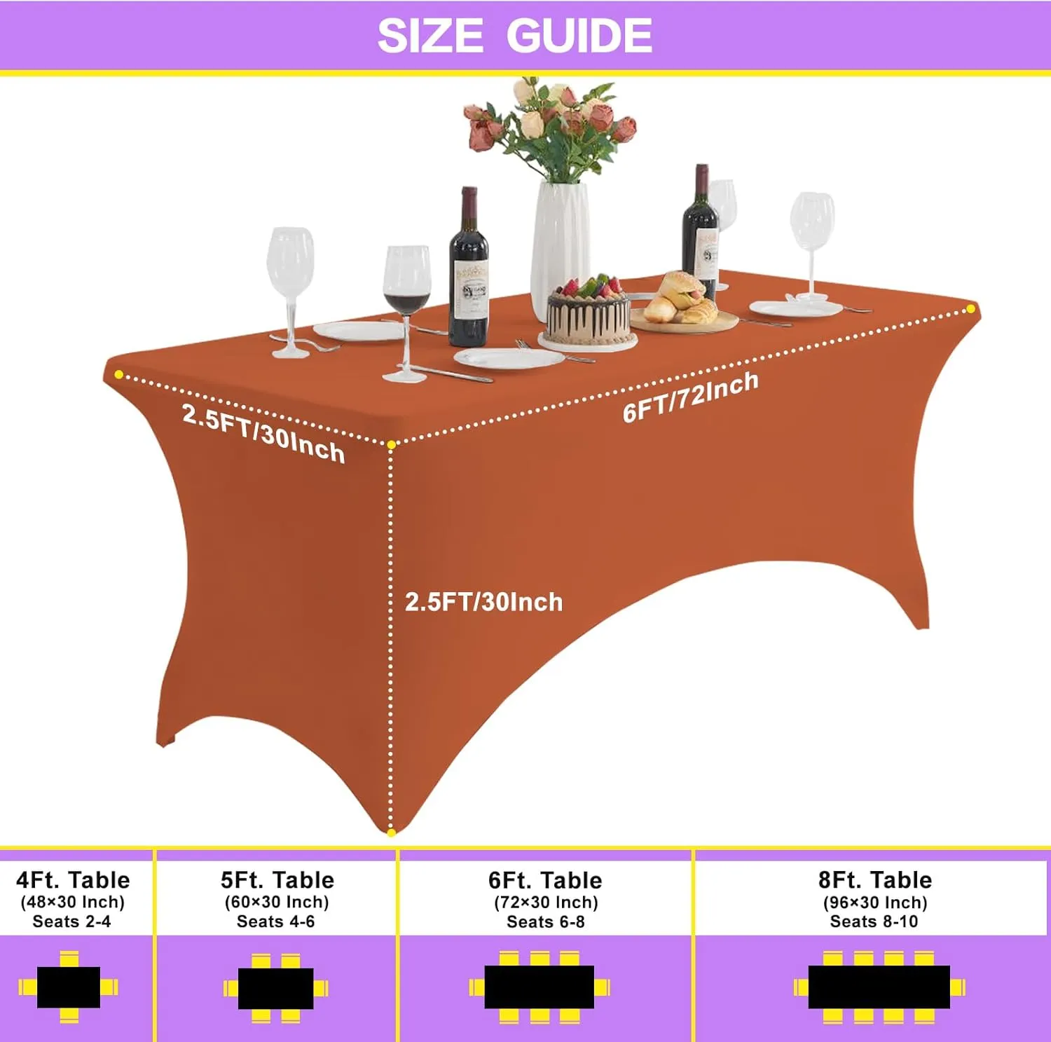 2 Pack 6FT Table Cloth for Rectangle Tables - Stretch Burnt Orange Tablecloth Rectangular Fitted Spandex Table Covers 6 ft for Birthday, Cocktail, Wedding, Banquet Outdoor Party