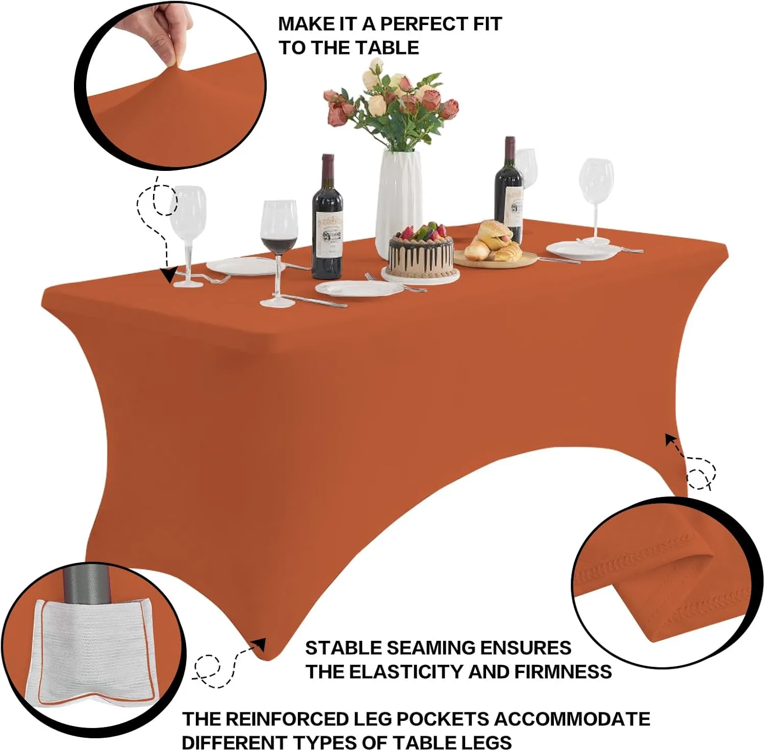 2 Pack 6FT Table Cloth for Rectangle Tables - Stretch Burnt Orange Tablecloth Rectangular Fitted Spandex Table Covers 6 ft for Birthday, Cocktail, Wedding, Banquet Outdoor Party