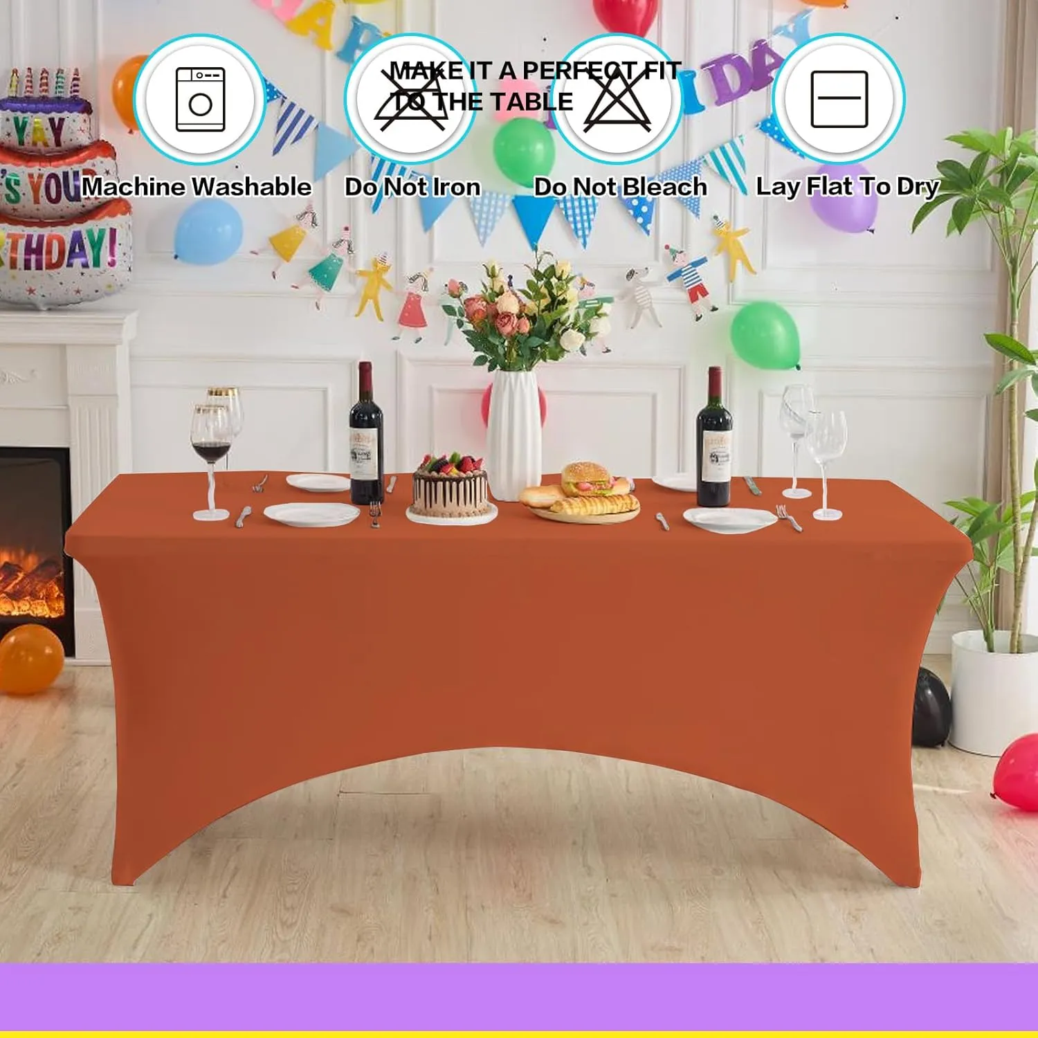2 Pack 6FT Table Cloth for Rectangle Tables - Stretch Burnt Orange Tablecloth Rectangular Fitted Spandex Table Covers 6 ft for Birthday, Cocktail, Wedding, Banquet Outdoor Party