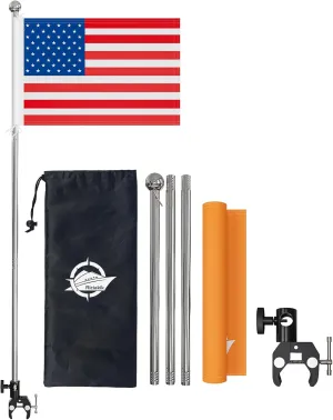 2 Pack American Boat Flag Pole Kit, 48-Inch Orange Water Ski Flag, 12x18'' Pontoon Boat Flags With 3-Sections Pole, Adjustable Boat Kayak Safety Flag Fits 0.59"- 2" Round/Square Rails For Watersports