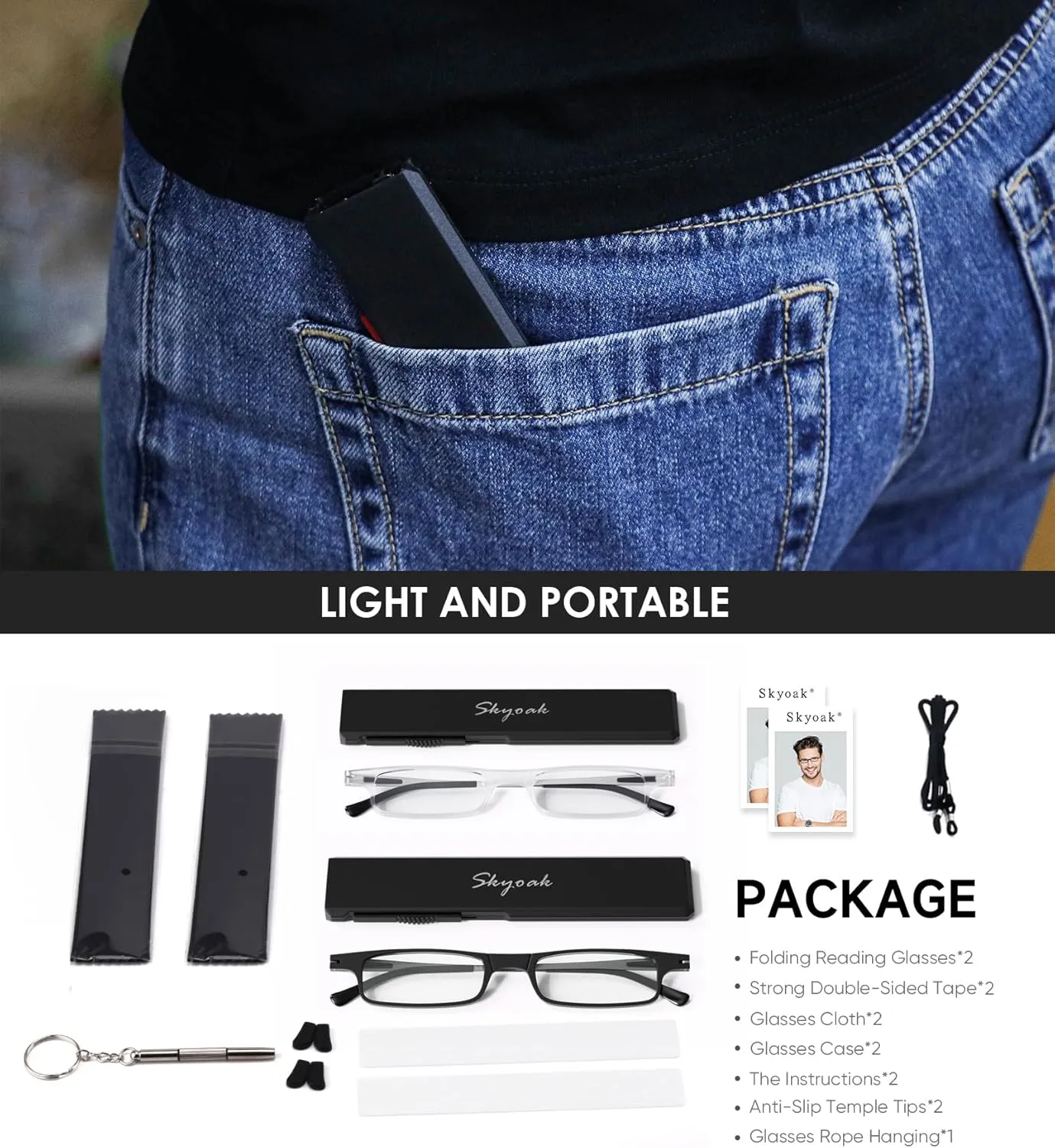 2 Pack Ultra thin Lightweight Folding Reading Glasses Women Men TR90 Blue Light Blocking Anti UV Foldable Compact Computer Readers Portable Unique Stretchable Slim Flat Case Black/Clear  1.25