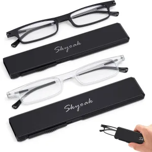 2 Pack Ultra thin Lightweight Folding Reading Glasses Women Men TR90 Blue Light Blocking Anti UV Foldable Compact Computer Readers Portable Unique Stretchable Slim Flat Case Black/Clear  1.25