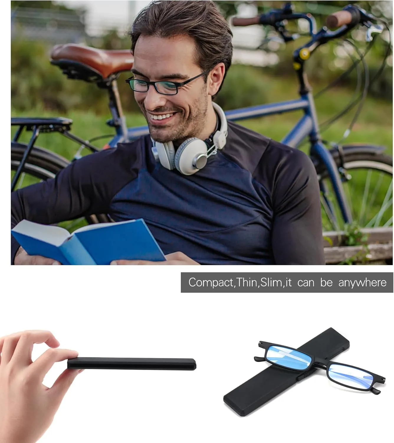2 Pack Ultra thin Lightweight Folding Reading Glasses Women Men TR90 Blue Light Blocking Anti UV/Eyestrain Foldable Compact Computer Readers Portable Unique Stretchable Slim Flat case Gunmetal,  1.0