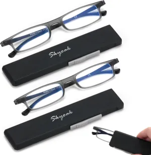 2 Pack Ultra thin Lightweight Folding Reading Glasses Women Men TR90 Blue Light Blocking Anti UV/Eyestrain Foldable Compact Computer Readers Portable Unique Stretchable Slim Flat case Gunmetal,  1.0