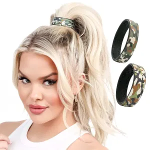 2 pc Designer PONY-O pack in Medium or Large- PONY-O Revolutionary Hair Tie Alternative Ponytail Holders Contains one narrow, and one wide. (CAMO, Large)