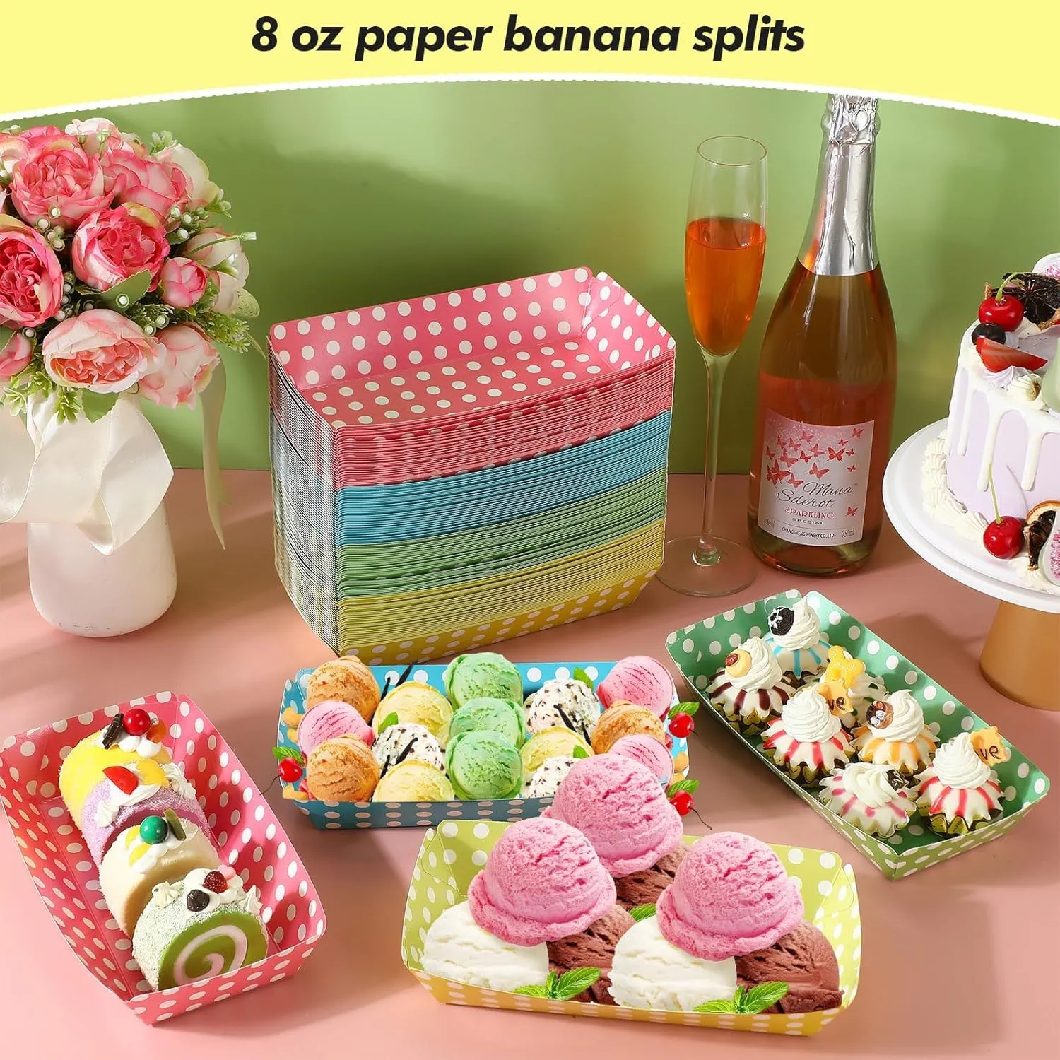 200 Pack 8oz Paper Banana Split Boats Durable Paper Food Boat Trays Disposable Ice Cream Sundae Dishware Bowl Colorful Boats Plate for Party Serving Snack Candy Salad (Dot Style)