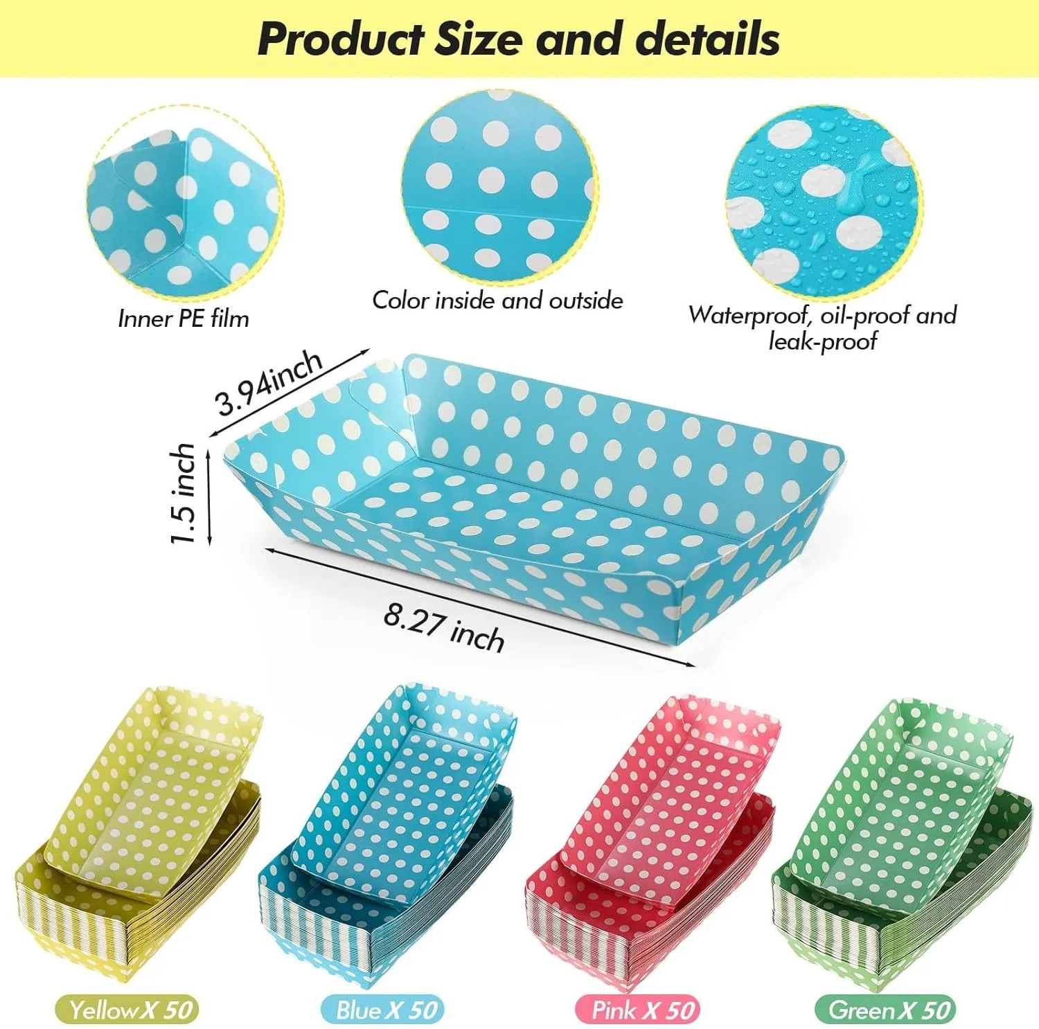 200 Pack 8oz Paper Banana Split Boats Durable Paper Food Boat Trays Disposable Ice Cream Sundae Dishware Bowl Colorful Boats Plate for Party Serving Snack Candy Salad (Dot Style)