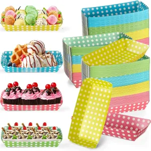200 Pack 8oz Paper Banana Split Boats Durable Paper Food Boat Trays Disposable Ice Cream Sundae Dishware Bowl Colorful Boats Plate for Party Serving Snack Candy Salad (Dot Style)