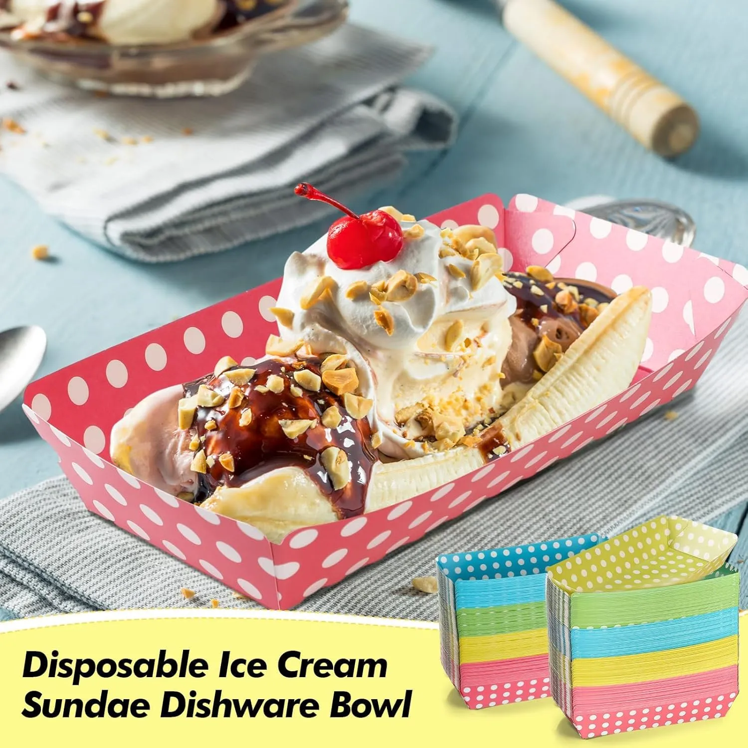 200 Pack 8oz Paper Banana Split Boats Durable Paper Food Boat Trays Disposable Ice Cream Sundae Dishware Bowl Colorful Boats Plate for Party Serving Snack Candy Salad (Dot Style)