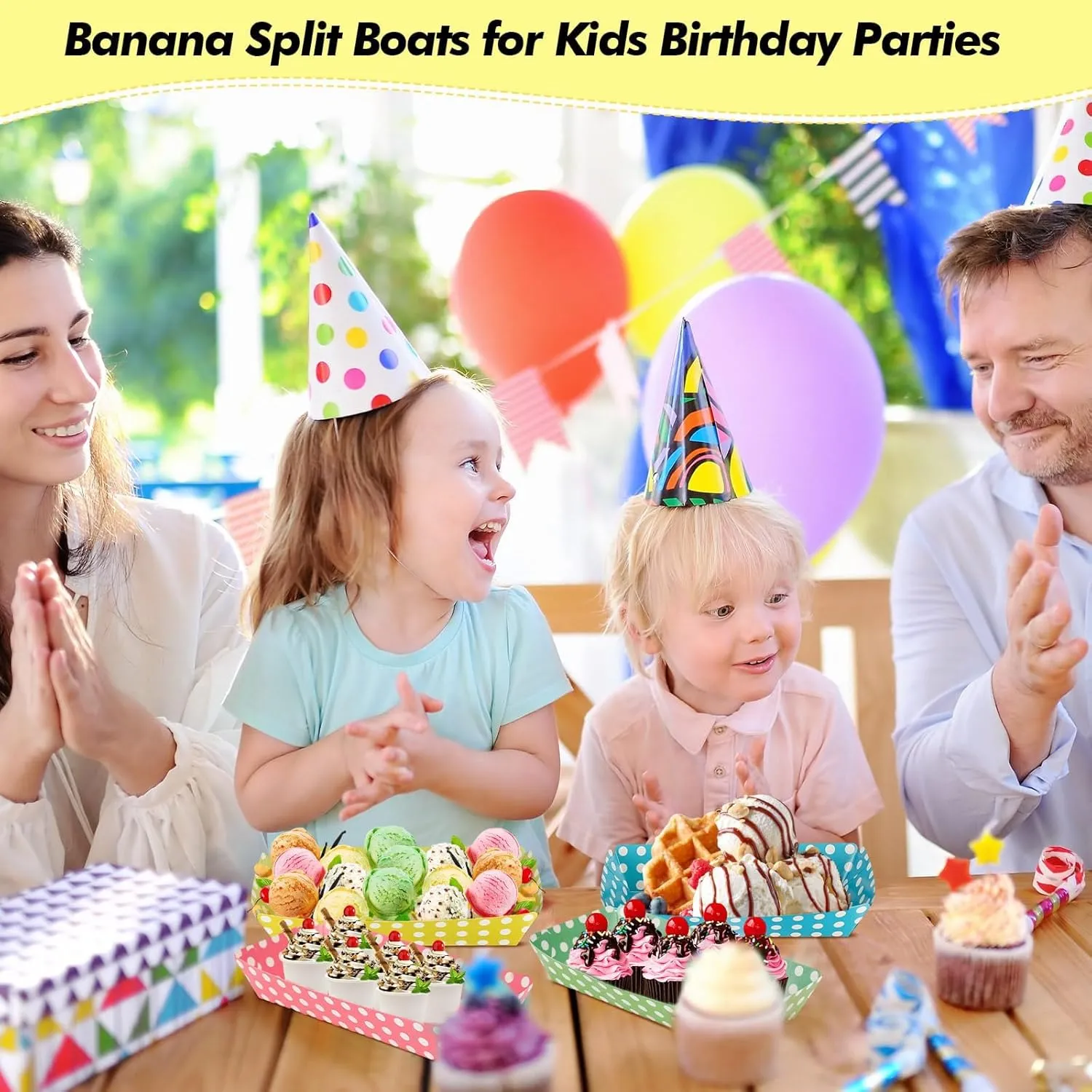 200 Pack 8oz Paper Banana Split Boats Durable Paper Food Boat Trays Disposable Ice Cream Sundae Dishware Bowl Colorful Boats Plate for Party Serving Snack Candy Salad (Dot Style)