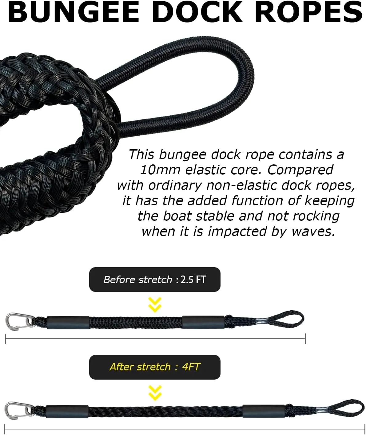 2.5FT Bungee Dock Line Boat Ropes for Docking Line Mooring Rope with Stainless Steel Clip Accessories for Boats 2pcs (Black, 2.5Feet)