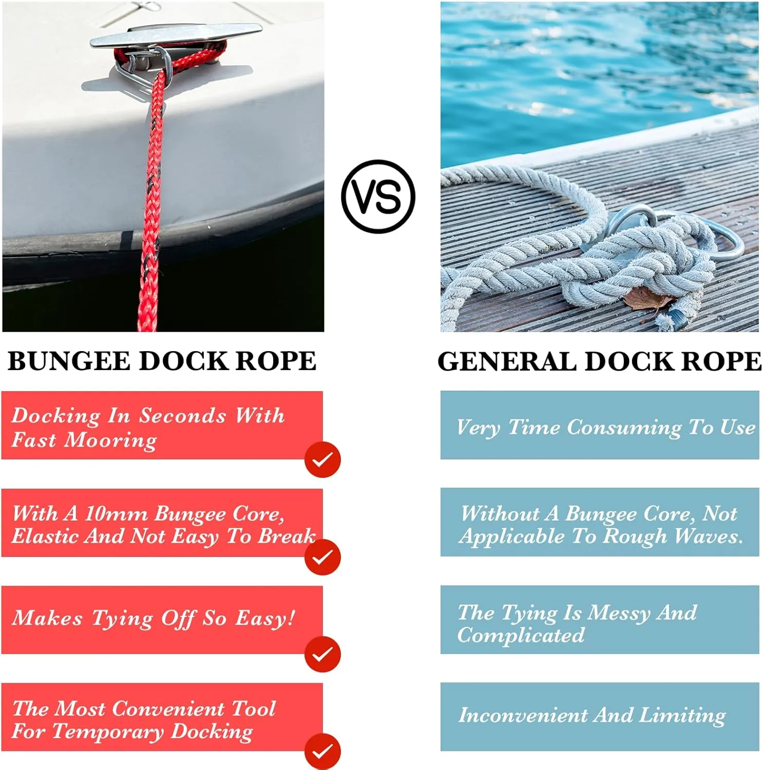 2PCS Fender Lines 2FT Premium Bungee Boat Lines with 316 Stainless Clip for Boat Bumper/Boat Fender Boat Accessories for Mooring for Jet Ski, SeaDoo, Yamaha WaveRunner Dinghy (Red&Black, 2 Feet)