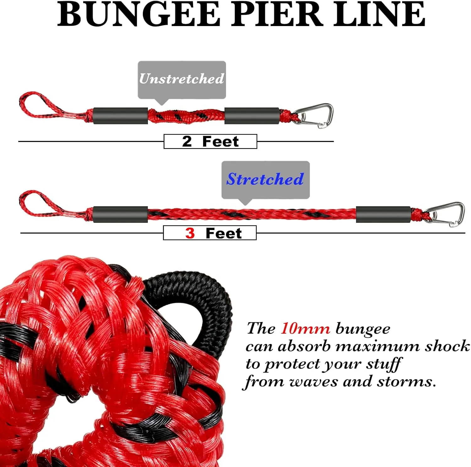 2PCS Fender Lines 2FT Premium Bungee Boat Lines with 316 Stainless Clip for Boat Bumper/Boat Fender Boat Accessories for Mooring for Jet Ski, SeaDoo, Yamaha WaveRunner Dinghy (Red&Black, 2 Feet)