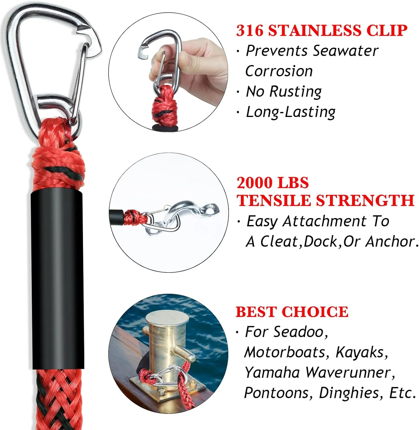 2PCS Fender Lines 2FT Premium Bungee Boat Lines with 316 Stainless Clip for Boat Bumper/Boat Fender Boat Accessories for Mooring for Jet Ski, SeaDoo, Yamaha WaveRunner Dinghy (Red&Black, 2 Feet)