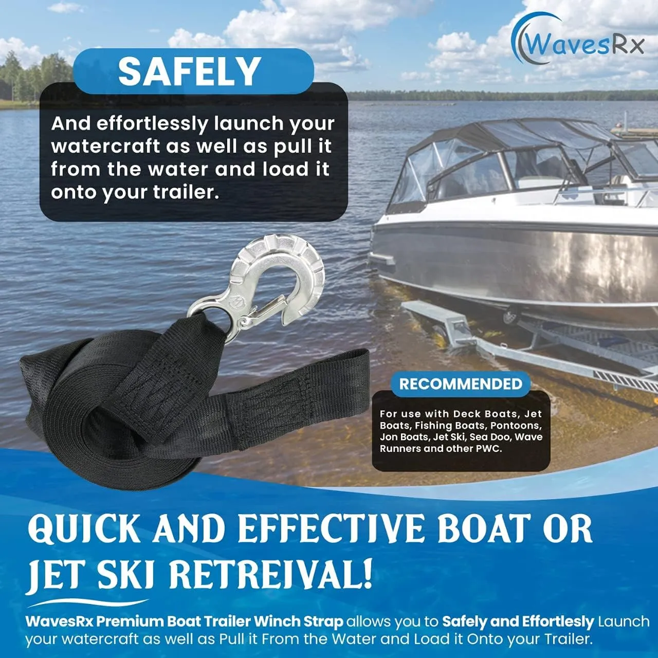 2"x20' Jet Ski Trailer Winch Strap with Stainless Steel Hook & Quick Connect Bow Tow Loop | Boat Winch Strap with Hook | 5,500lbs Strength for Safe Retrieval, Launching & Transporting Jet Skis