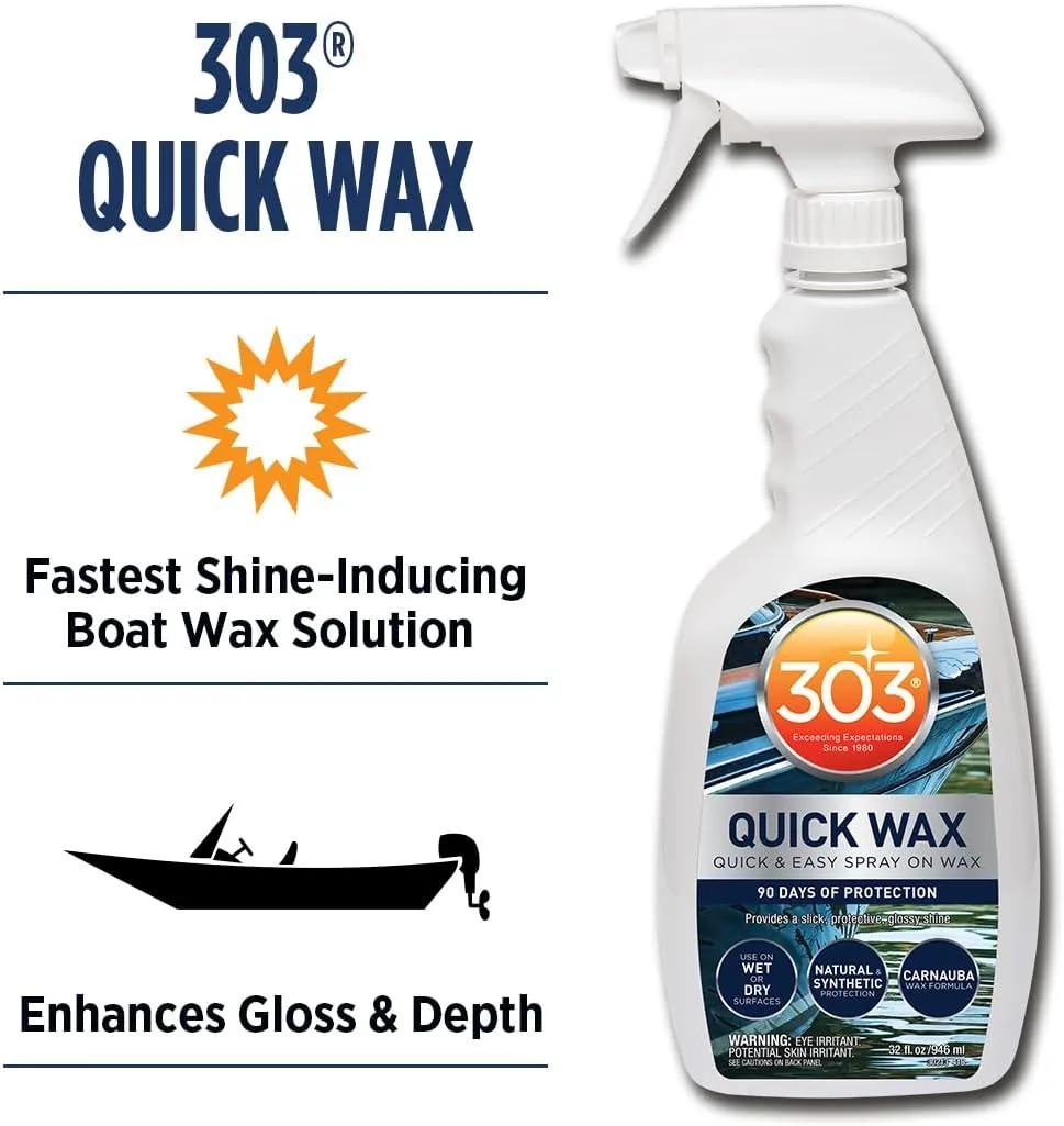 303 Marine Quick Wax - Quick & Easy - 90 Days Of Protection - Provides a Slick, Protective, Glossy Shine - Use On Wet / Dry Surfaces - Carnauba Wax, 32oz. (30213)