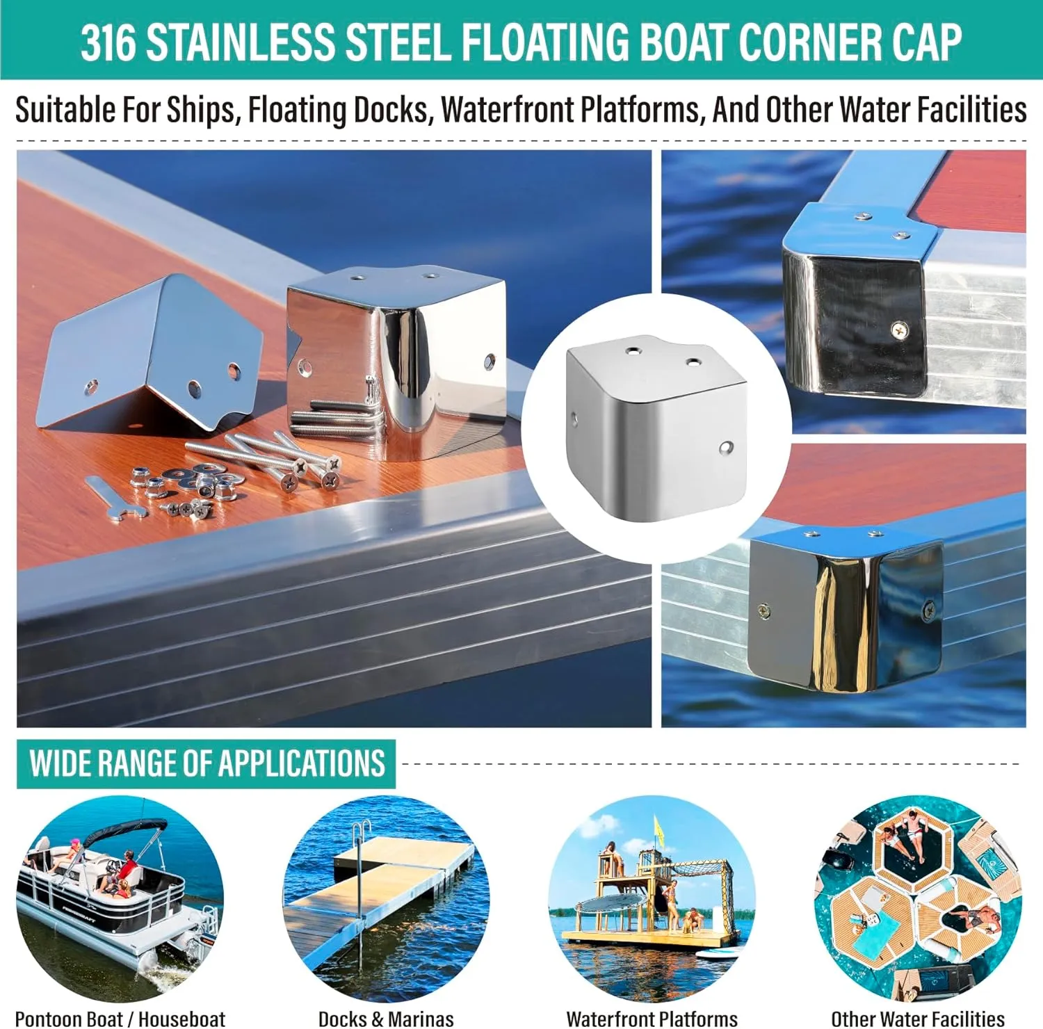 316 Marine Grade 90 Degree Right Angle Stainless Steel Pontoon Corner Caps 3.5''x3.5'' for Pontoon Boats, Marina Walkways, Water Platforms Etc. That Need to Be Protected