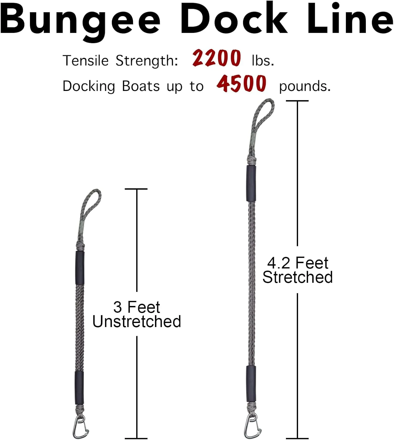 3FT Bungee Dock Line Boat Ropes for Docking Line Mooring Rope with Stainless Steel Clip Accessories for Boats 2pcs (Grey, 3Feet)