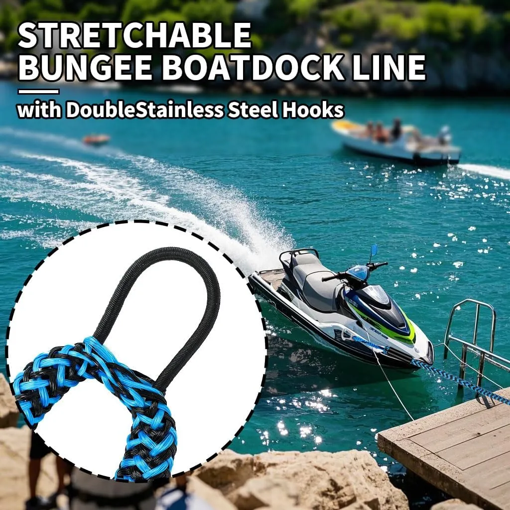 4-5.5ft, Bungee Dock Line with Stainless Steel Clip Safe Boat Rope Mooring String with Foam Float for Pontoon, Boat Accessories,Jet Ski,Sea Doo,2 Pack (Blue&Black)