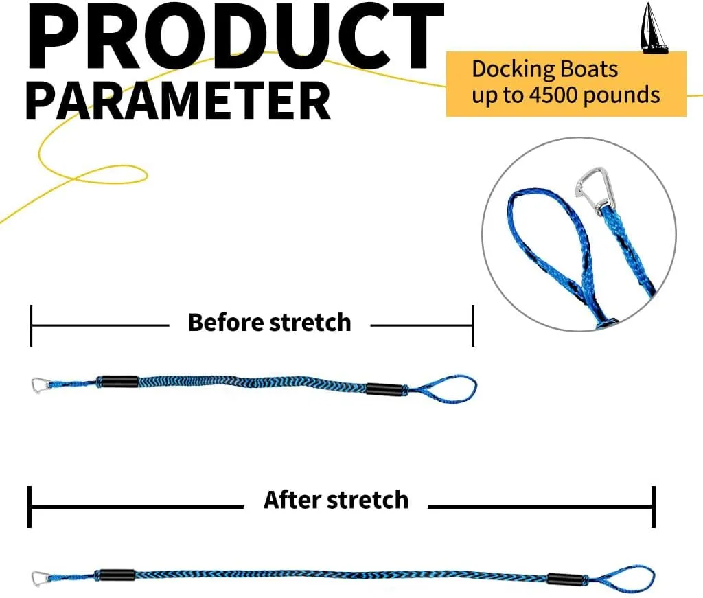 4-5.5ft, Bungee Dock Line with Stainless Steel Clip Safe Boat Rope Mooring String with Foam Float for Pontoon, Boat Accessories,Jet Ski,Sea Doo,2 Pack (Blue&Black)
