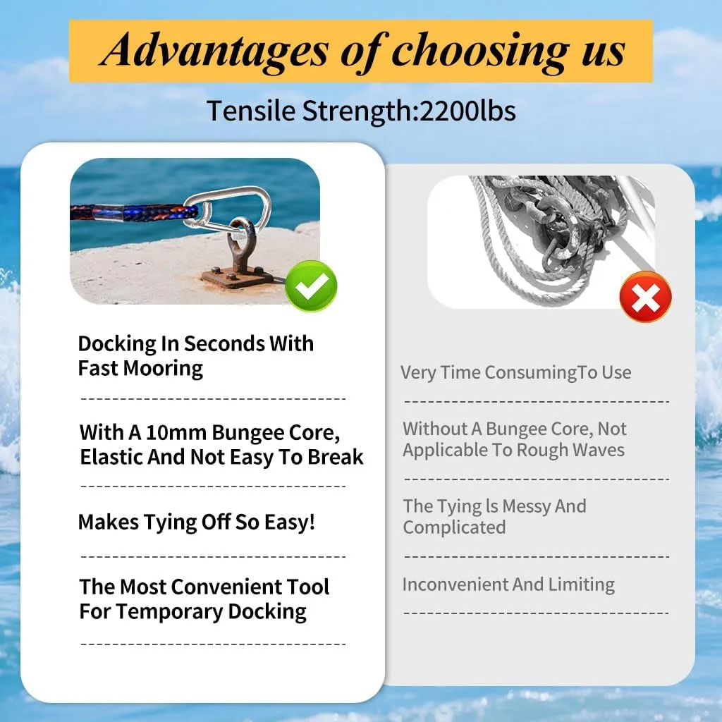 4-5.5ft, Bungee Dock Line with Stainless Steel Clip Safe Boat Rope Mooring String with Foam Float for Pontoon, Boat Accessories,Jet Ski,Sea Doo,2 Pack (Red&Black&Blue)