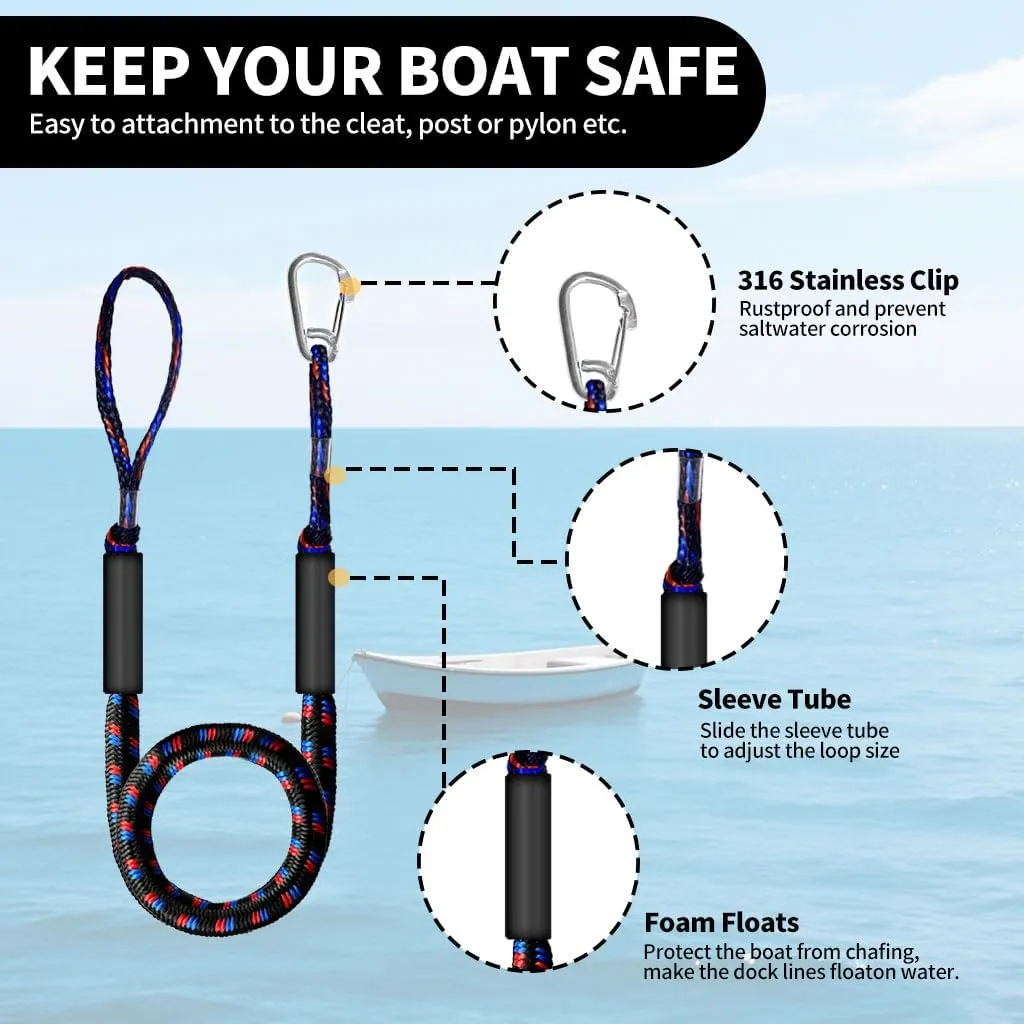 4-5.5ft, Bungee Dock Line with Stainless Steel Clip Safe Boat Rope Mooring String with Foam Float for Pontoon, Boat Accessories,Jet Ski,Sea Doo,2 Pack (Red&Black&Blue)