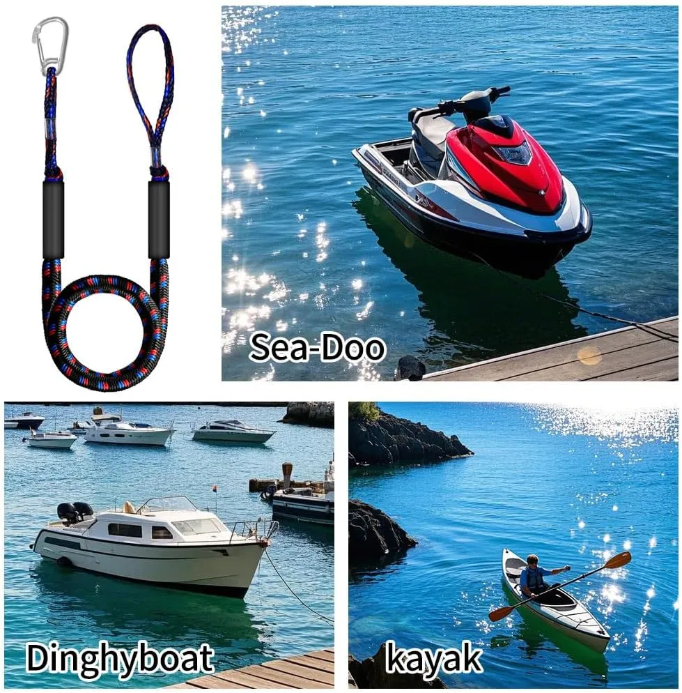 4-5.5ft, Bungee Dock Line with Stainless Steel Clip Safe Boat Rope Mooring String with Foam Float for Pontoon, Boat Accessories,Jet Ski,Sea Doo,2 Pack (Red&Black&Blue)