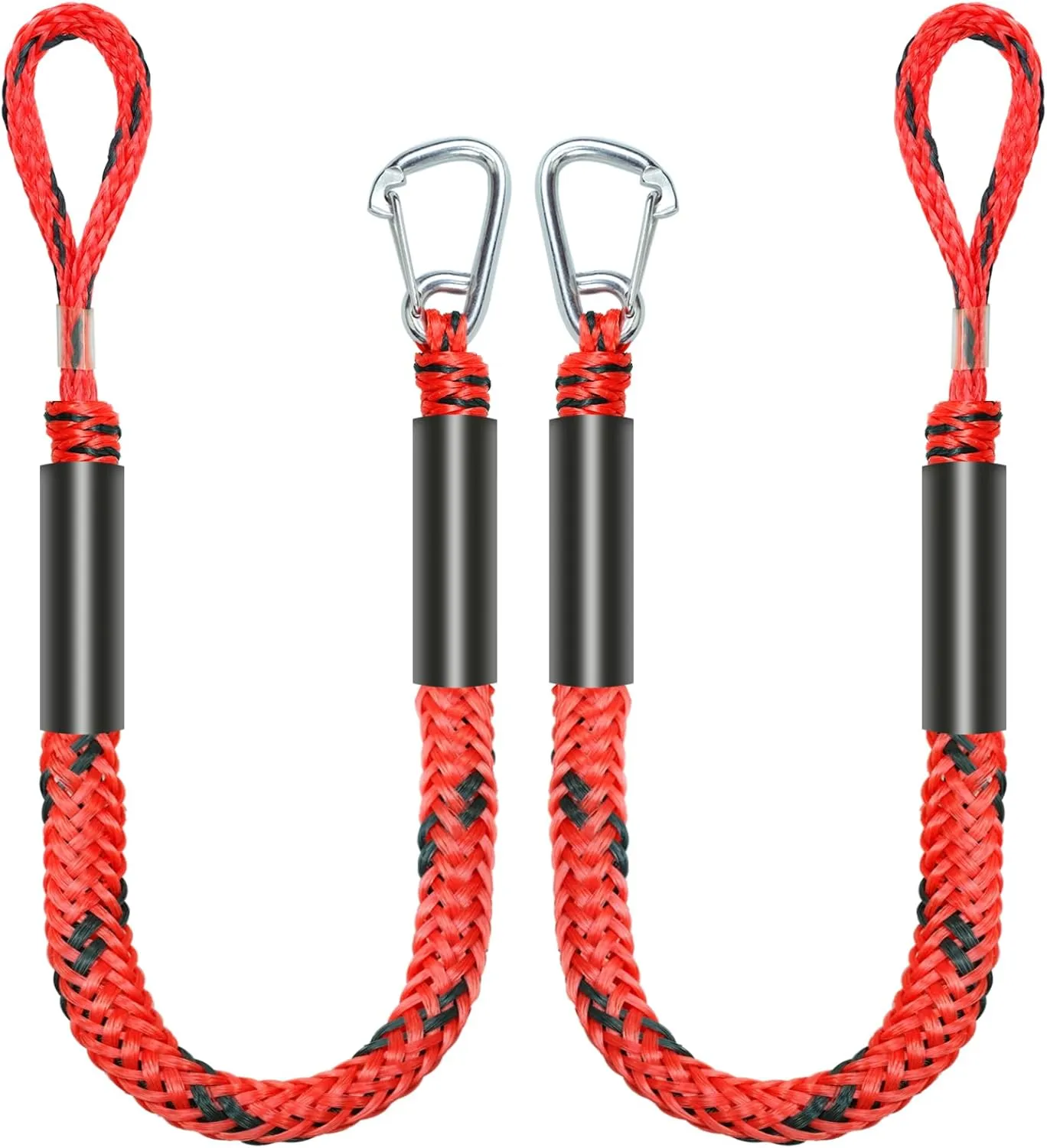 4 Feet Bungee Dock Line Mooring Rope for Docking with Stainless Steel Clip Accessories for Boats PWC, Built in Snubber, Kayak, Watercraft,SeaDoo,Jet Ski, Pontoon, Canoe, Power Boat 2-Pack (Red&Black)