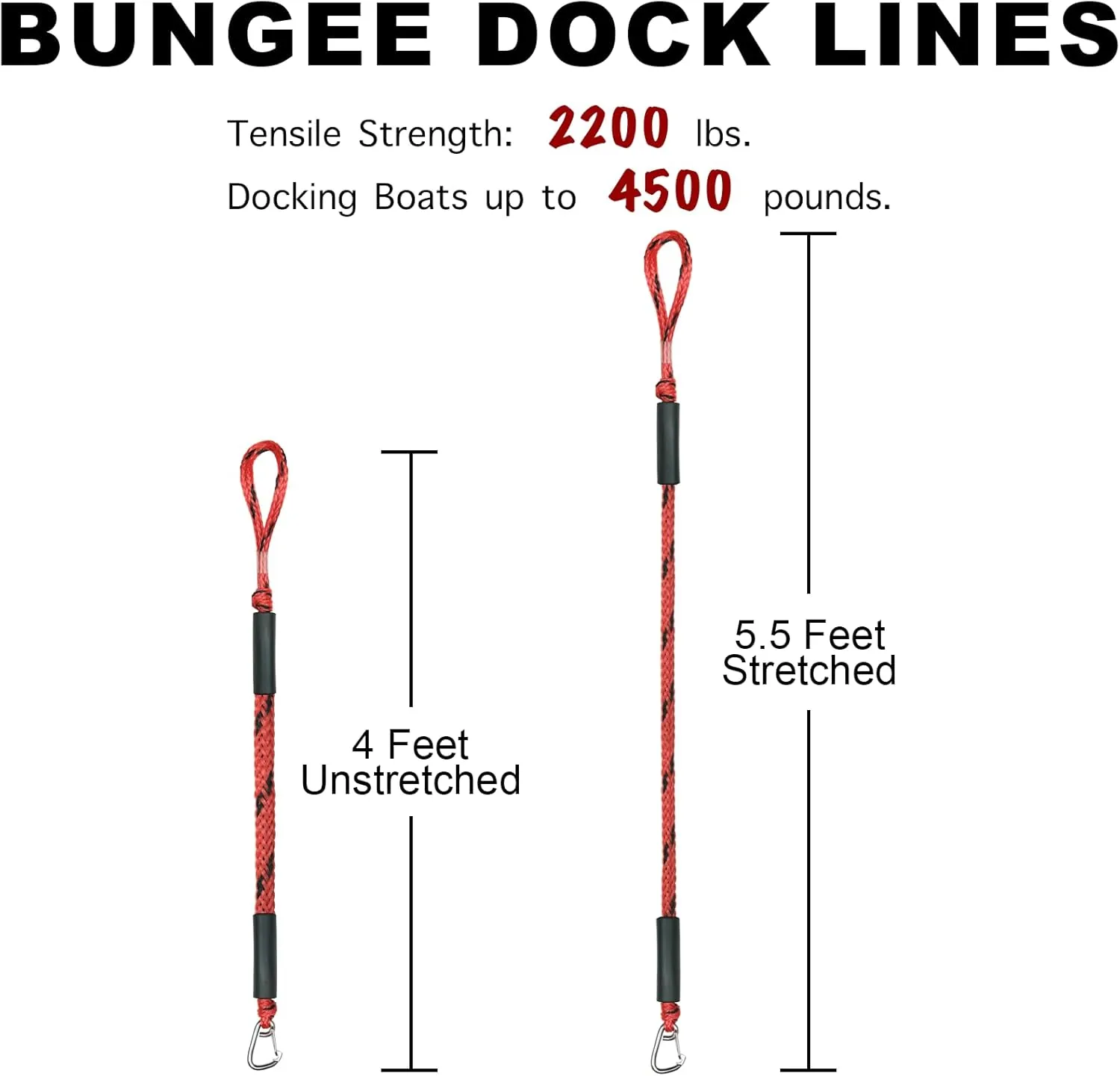4 Feet Bungee Dock Line Mooring Rope for Docking with Stainless Steel Clip Accessories for Boats PWC, Built in Snubber, Kayak, Watercraft,SeaDoo,Jet Ski, Pontoon, Canoe, Power Boat 2-Pack (Red&Black)