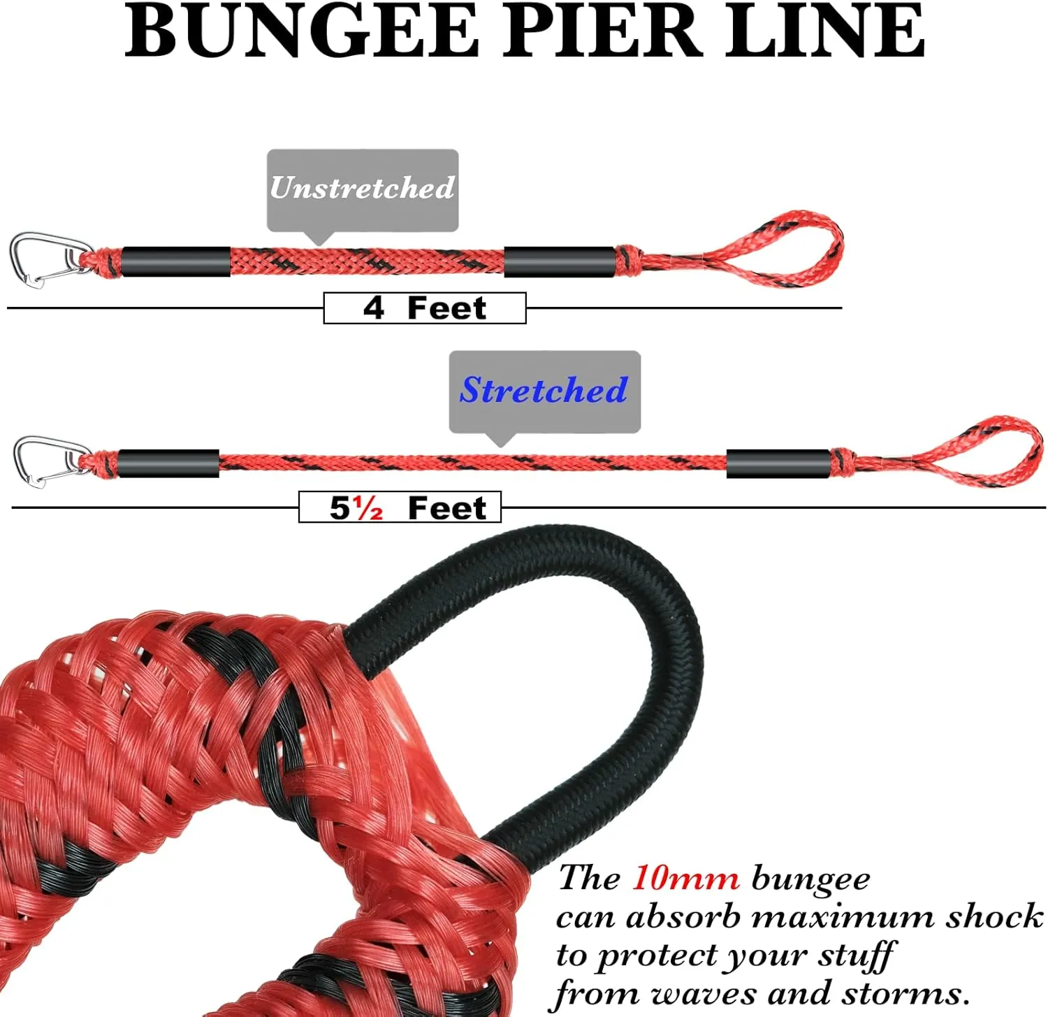4 Feet Premium Boat Bungee Dock Lines Jet Ski Accessories with Marine Grade 316 Stainless Clip Safely Mooring for Jet Ski,SeaDoo,Yamaha WaveRunner,Kayak,Pontoon Boat, Dinghy 4~5.5 Feet