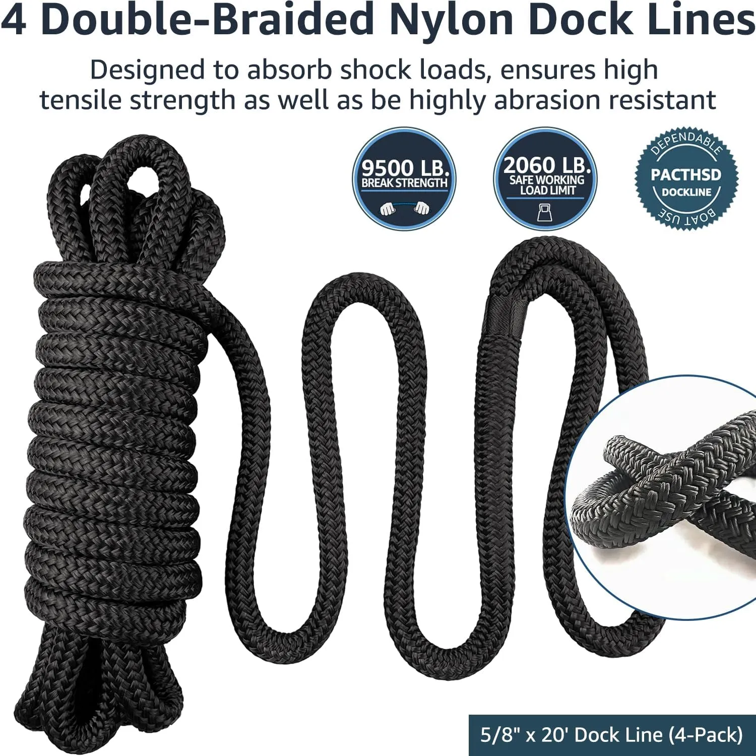 4 Pack 5/8" x 20' Dock Lines - Marine Grade Nylon Boat Rope with 15" Loop for Docking and Mooring - Double Braided Boat Lines, High Strength, Easy Handling, Fray Resistant - Black
