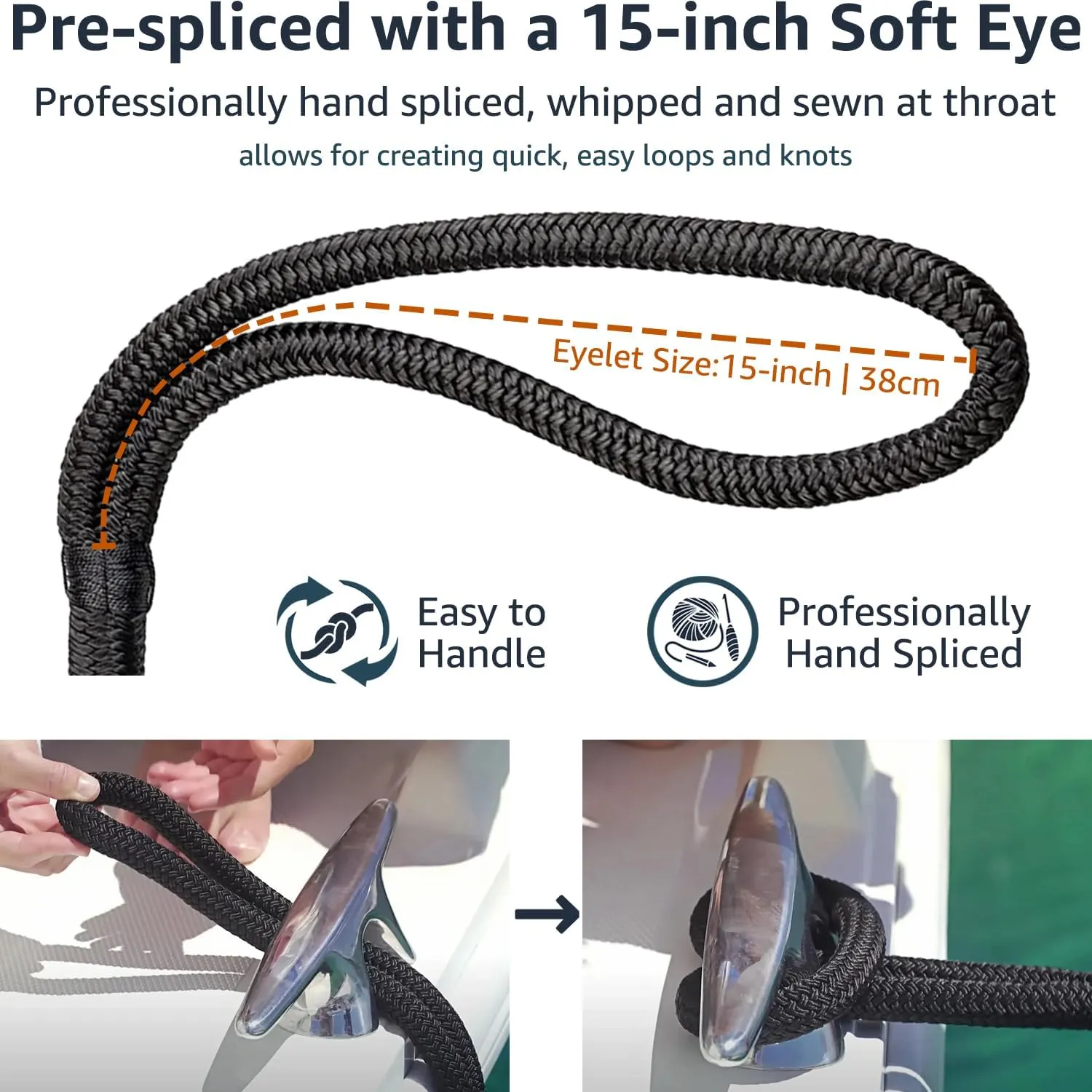 4 Pack 5/8" x 20' Dock Lines - Marine Grade Nylon Boat Rope with 15" Loop for Docking and Mooring - Double Braided Boat Lines, High Strength, Easy Handling, Fray Resistant - Black