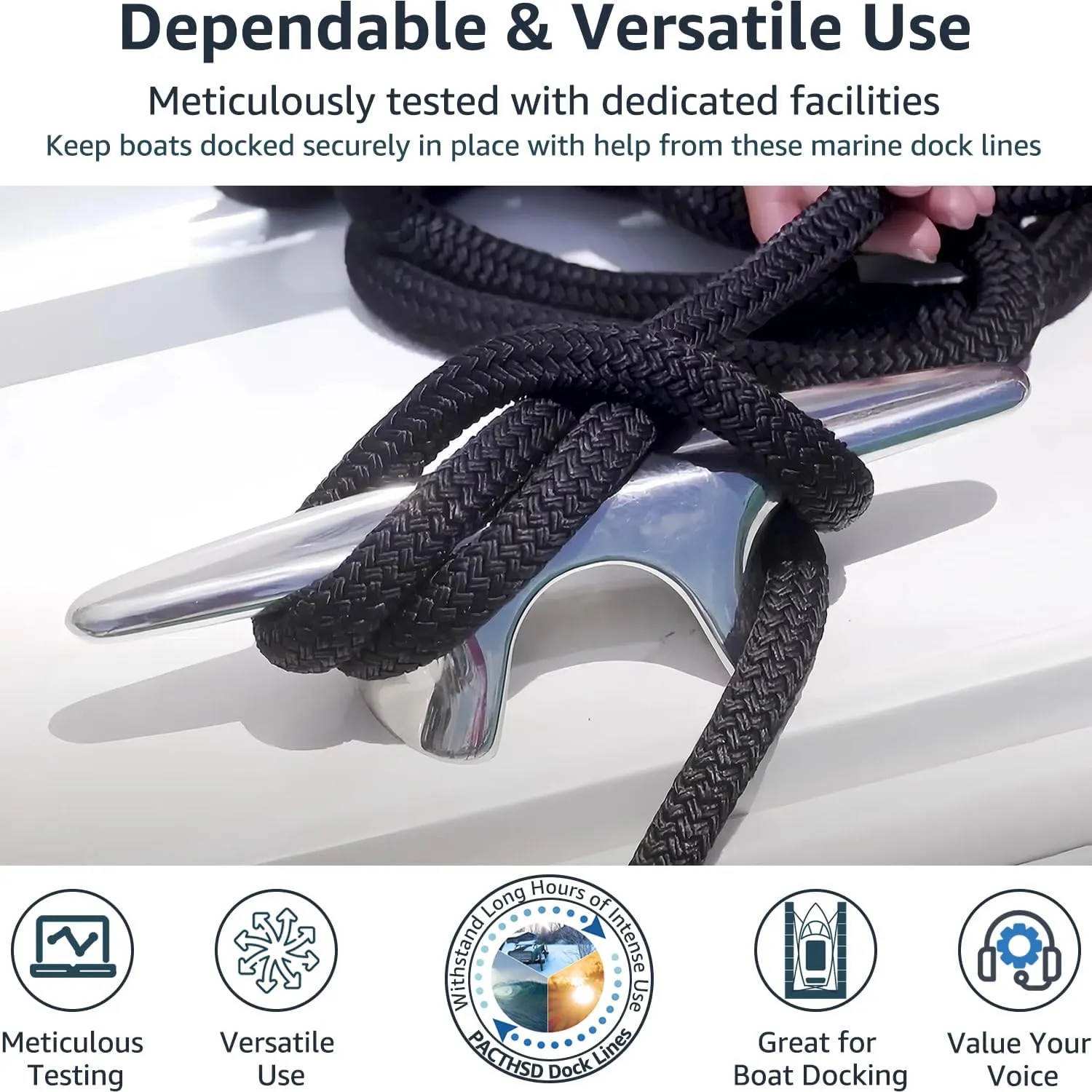4 Pack 5/8" x 20' Dock Lines - Marine Grade Nylon Boat Rope with 15" Loop for Docking and Mooring - Double Braided Boat Lines, High Strength, Easy Handling, Fray Resistant - Black