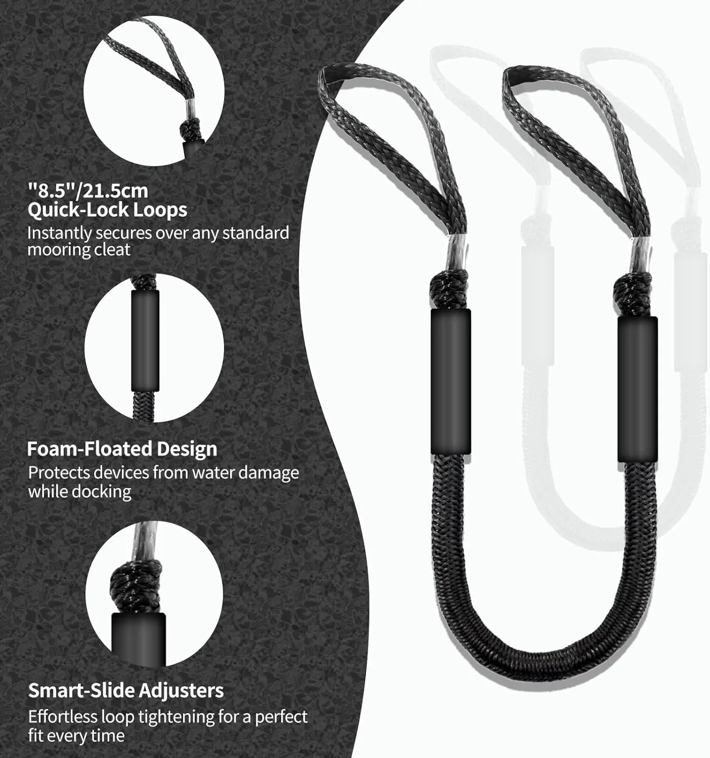 4FT Bungee Dock Line for Boats – Shock-Absorbing Elastic Rope with Quick-Release Loops – Secure Docking for Bass Boat, PWC, Canoe(Black)