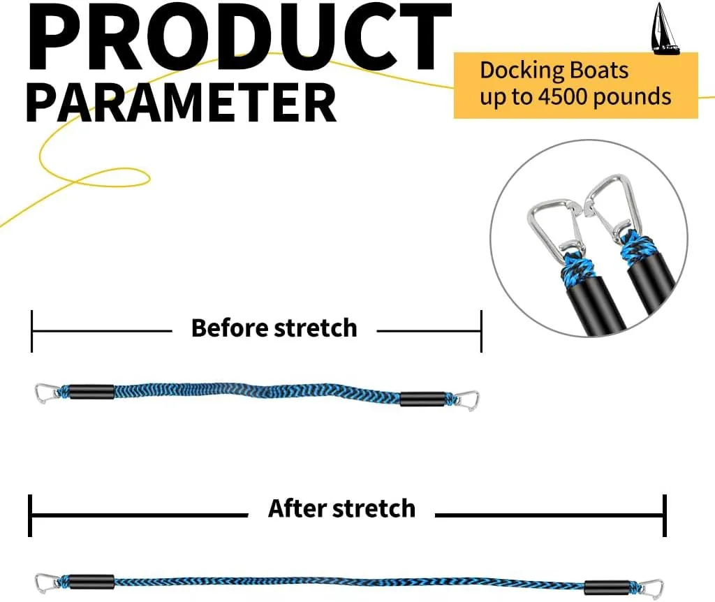 4FT Bungee Dock Line with Double Hooks,Premium Boat Accessories,Dock Lines for Secure Mooring of Boat, PWC, Jet Ski, Pontoon, Kayak, Canoe, and Power Boat (Blue&Black)