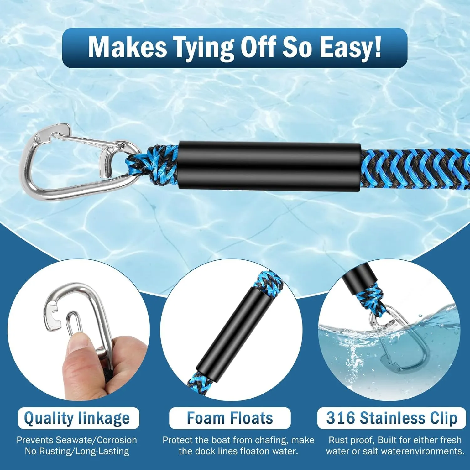4FT Bungee Dock Line with Double Hooks,Premium Boat Accessories,Dock Lines for Secure Mooring of Boat, PWC, Jet Ski, Pontoon, Kayak, Canoe, and Power Boat (Blue&Black)